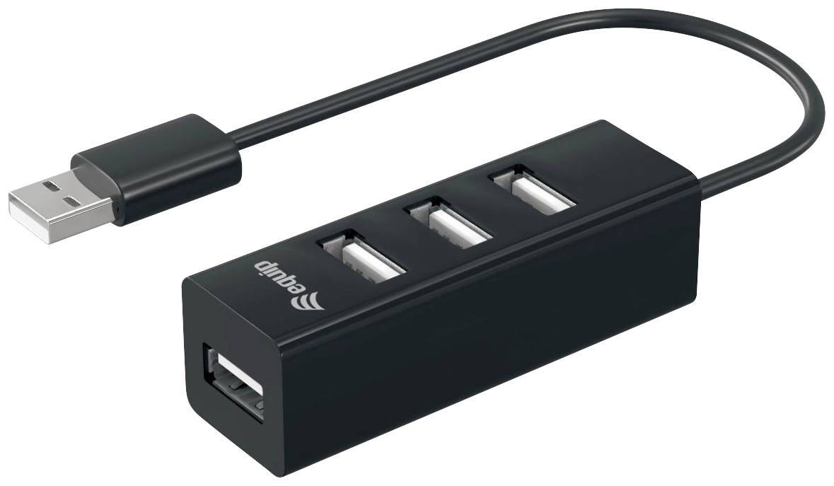 Zwarte USB-hub met drie USB-poorten en een kort kabel.