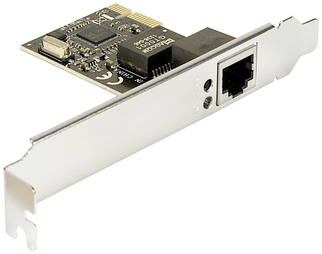 Netwerkkaar met PCIe-aansluiting en Ethernet-poort voor computerverbinding.