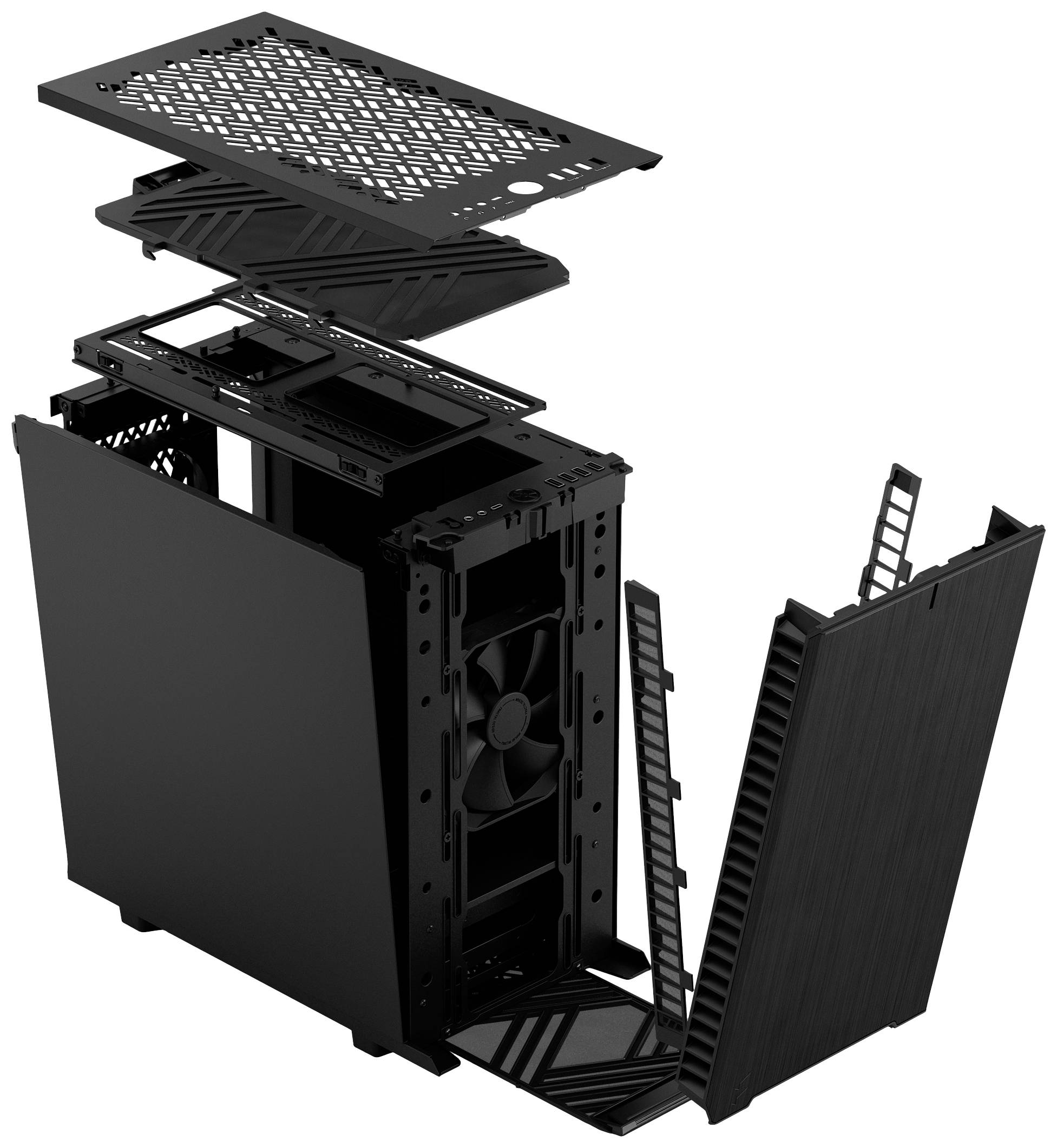Ontploffingstekening van een computerbehuizing die zijn modulaire opbouw laat zien: voor-, boven- en zijwanden zijn verwijderbaar.
