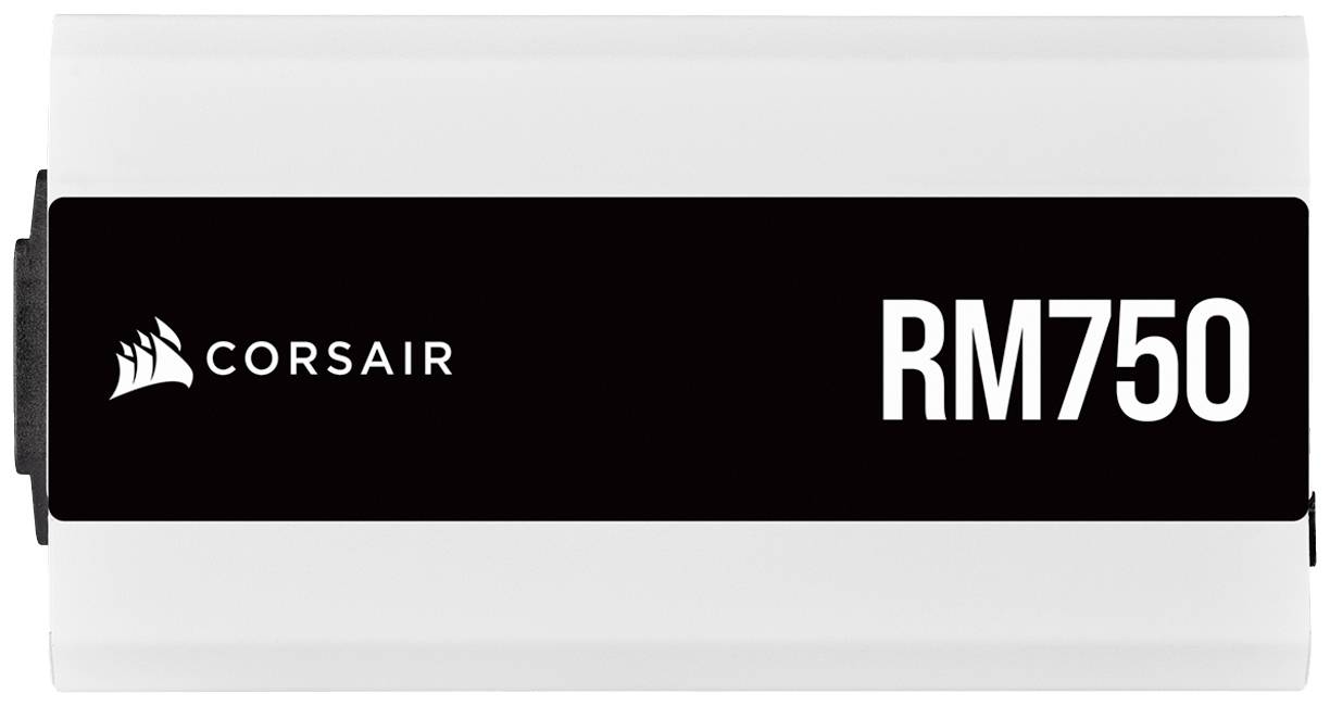 Zwart-witte computervoeding van Corsair met modelnummer RM750 in het midden van de behuizing.