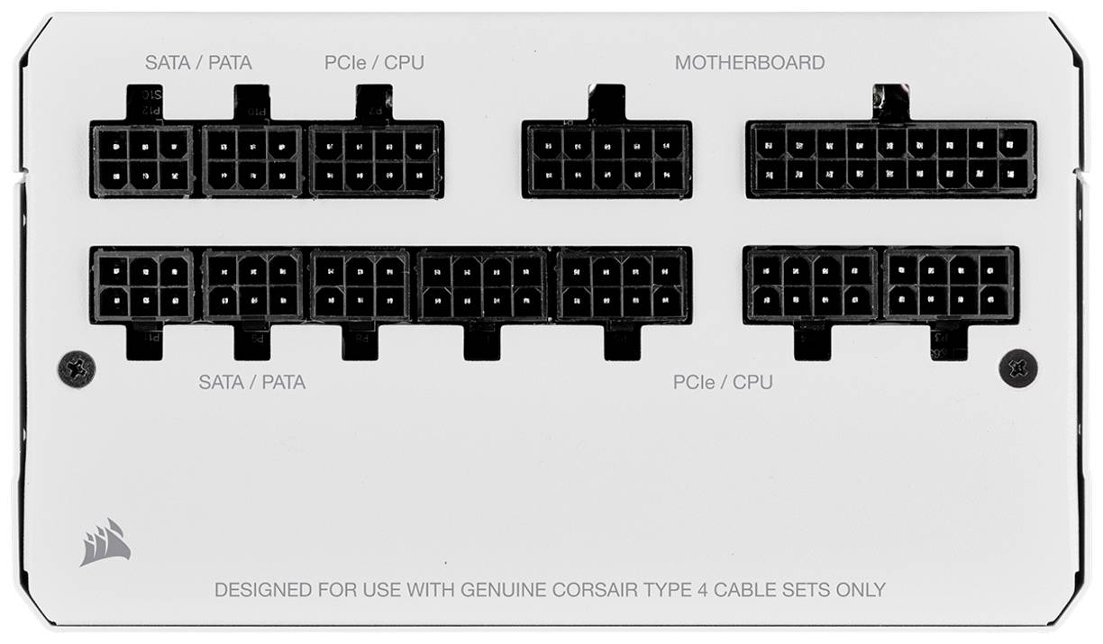 Aansluitingen van een voeding voor SATA/PATA, PCIe/CPU en moederbord. Opmerking: Alleen gebruiken met Corsair Type 4 kabelsets.