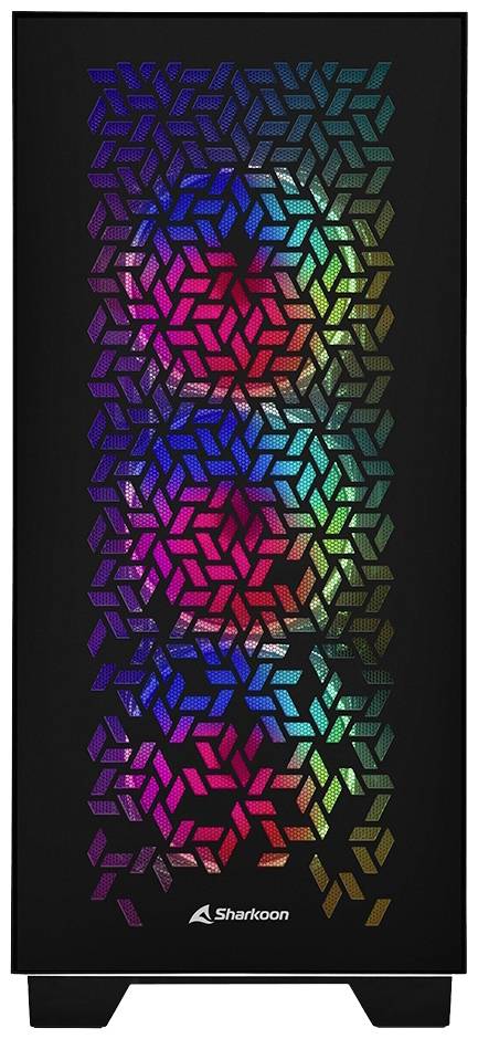 Zwart computerbehuizing met geometrisch patroon en RGB-verlichting die in verschillende kleuren oplicht.