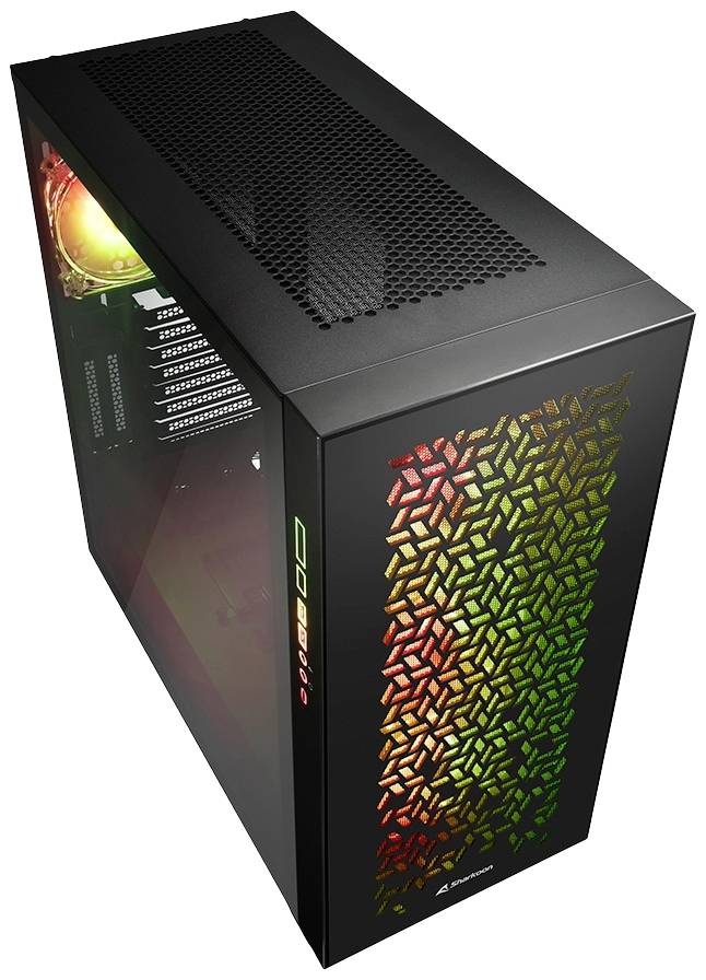 Pc-behuizing met zijdelings zichtvenster en verlichte frontrooster, toont RGB-verlichtingscomponenten aan de binnenkant.