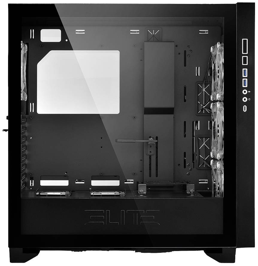 Zwart pc-behuizing met transparant zijvenster, meerdere ventilatorbevestigingen, USB-poorten en functietoetsen zichtbaar aan de voorkant.