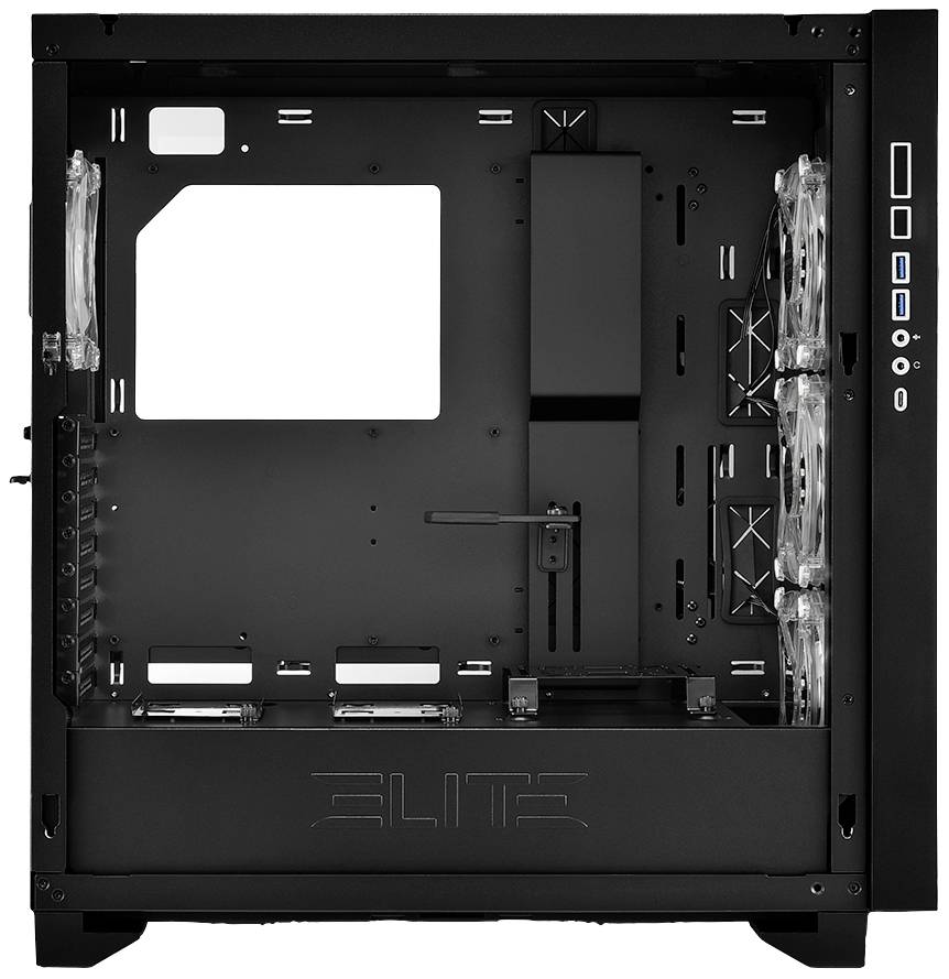 Zwart pc-behuizing met open zijpaneel, toont interne compartimenten voor componenten en meerdere ventilatiesleuven aan de achterzijde.
