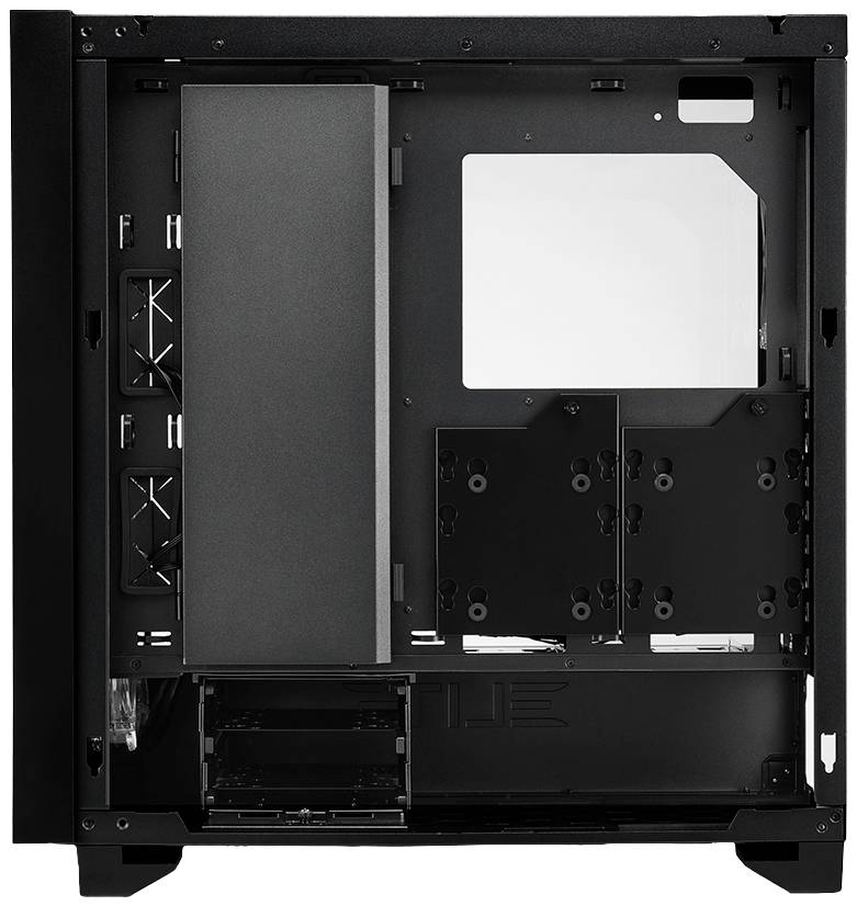 Zwart computerbehuizing van binnen, toont ruimte voor componenten met ondersteuning voor kabelbeheer en meerdere schijfstations.