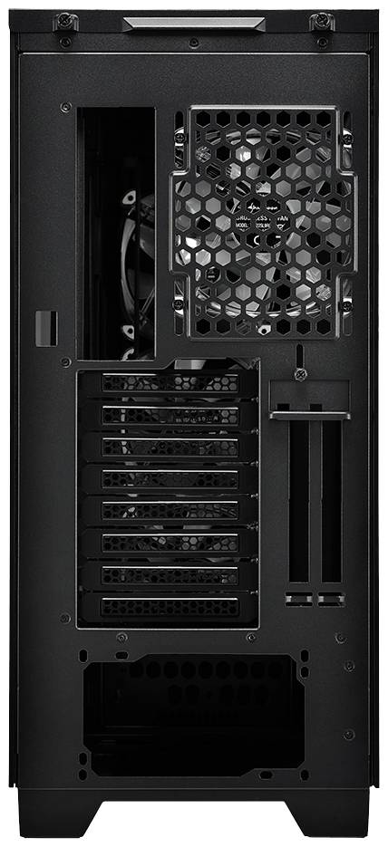 Zwart computerbehuizing van achteren gezien met ventilatieroosters bovenaan en verschillende uitbreidingssleuven daaronder.