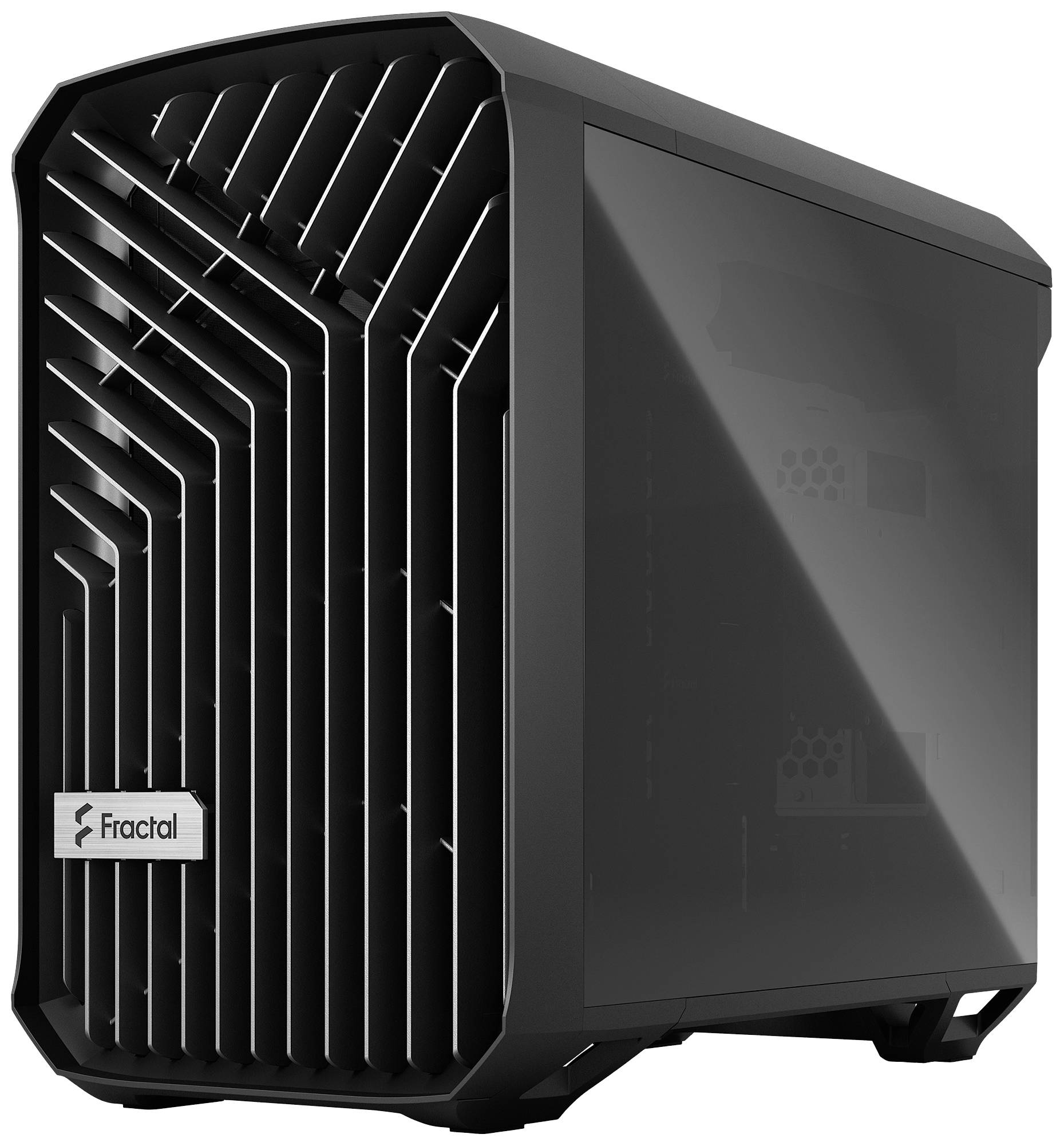 Een zwarte computerbehuizing met een opvallend, roosterachtig frontontwerp. Zijraam toont het interieur. Logo op de voorkant.