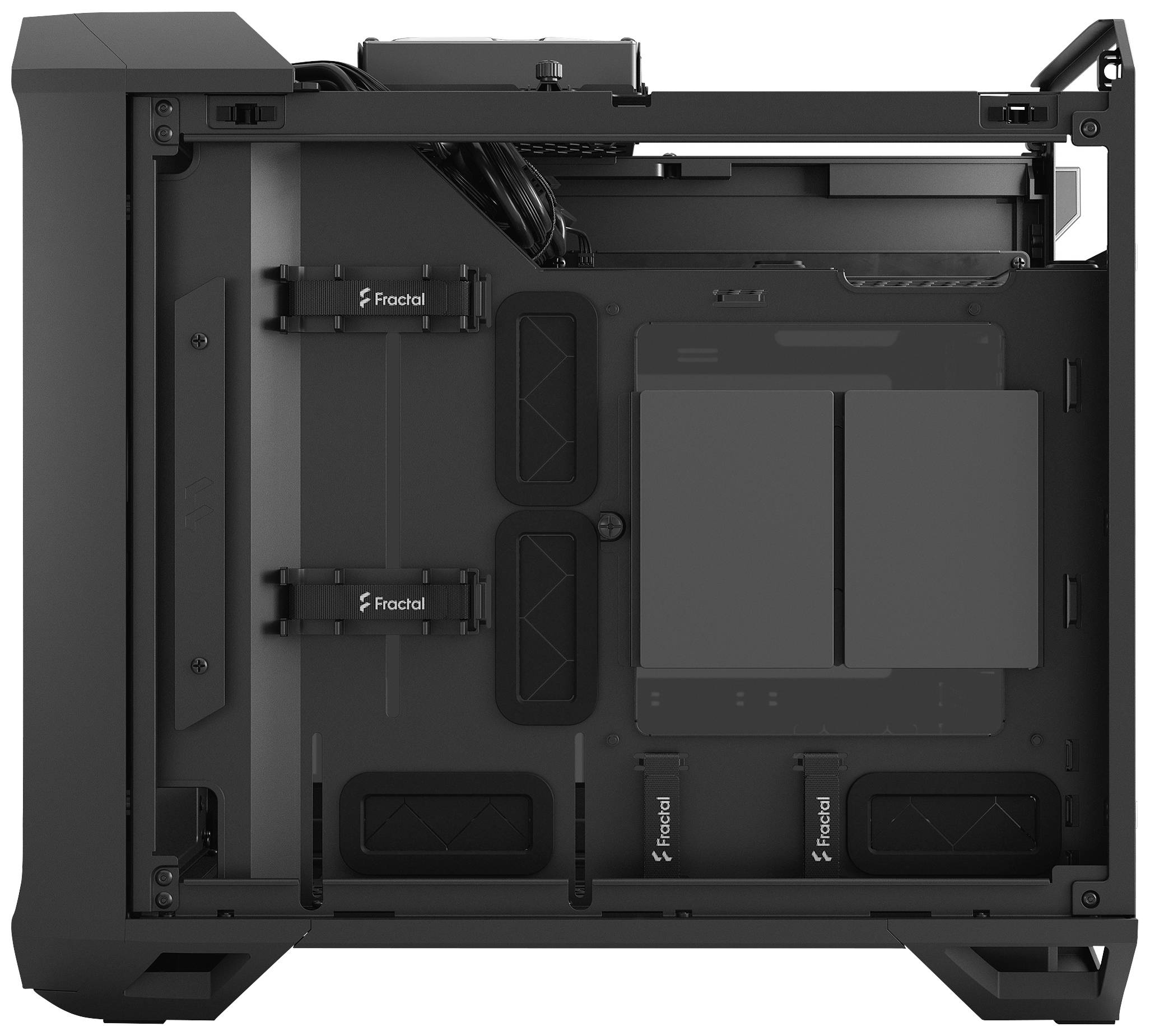 Aanzicht van de binnenkant van een computerbehuizing met open zijpaneel. Kabelbeheer en bevestigingen voor schijfstations zijn zichtbaar.