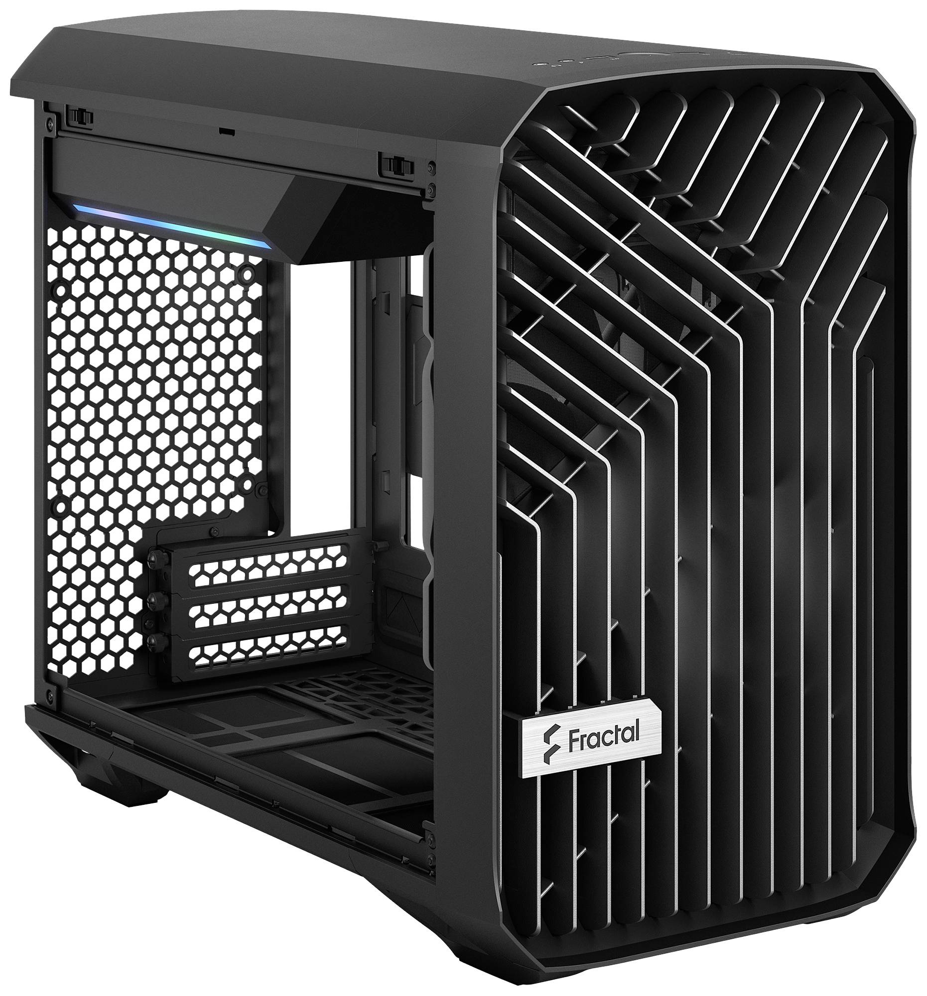 Pc-behuizing in zwart design met open honingraatachterkant en opvallend Fractal-logo. Ideaal geschikt voor moderne computerbuilds.