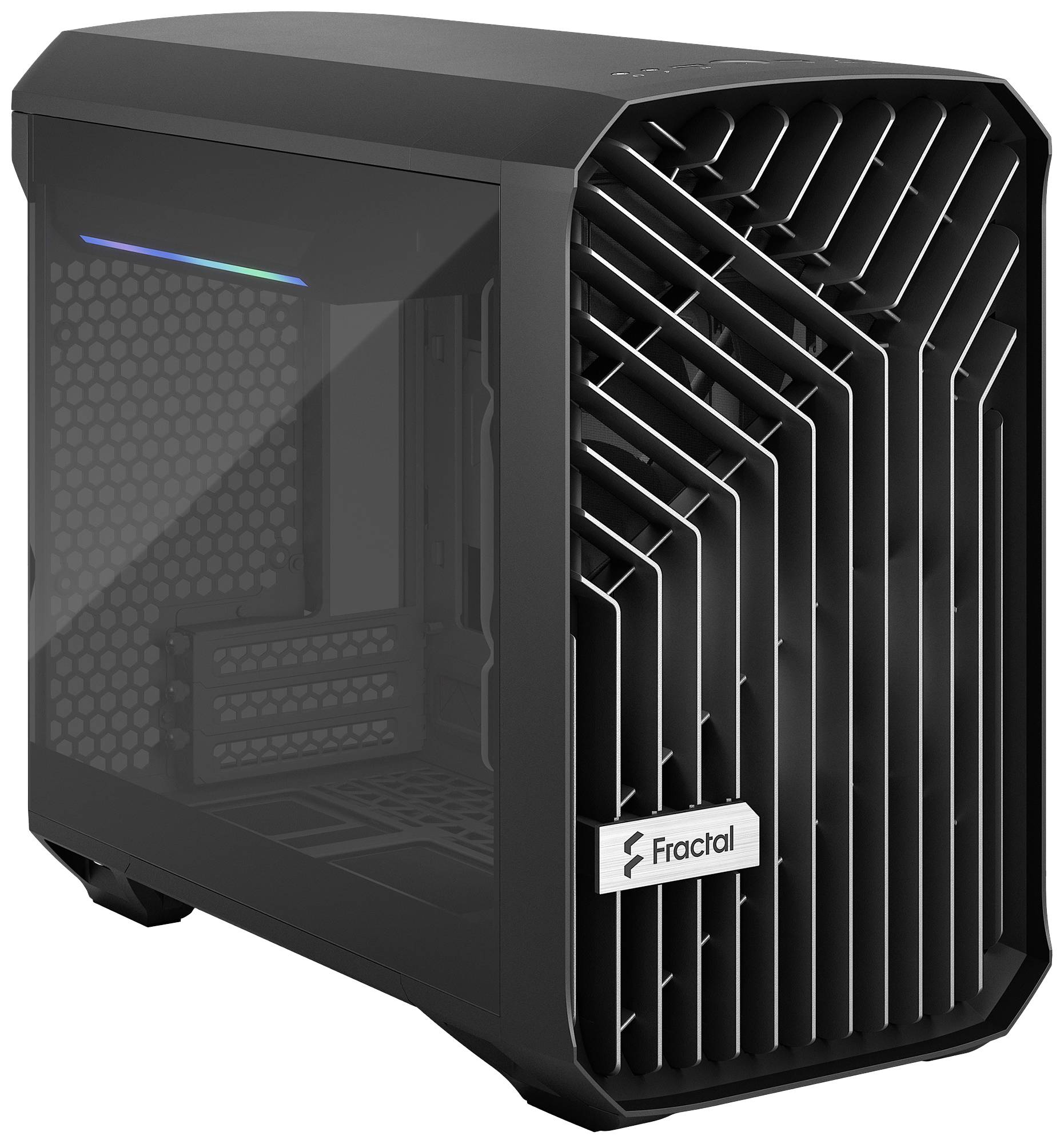 Een computerbehuizing met een open roosterontwerp, zwarte kleur en gedeeltelijk transparante zijkant, vermoedelijk voor ventilatie.