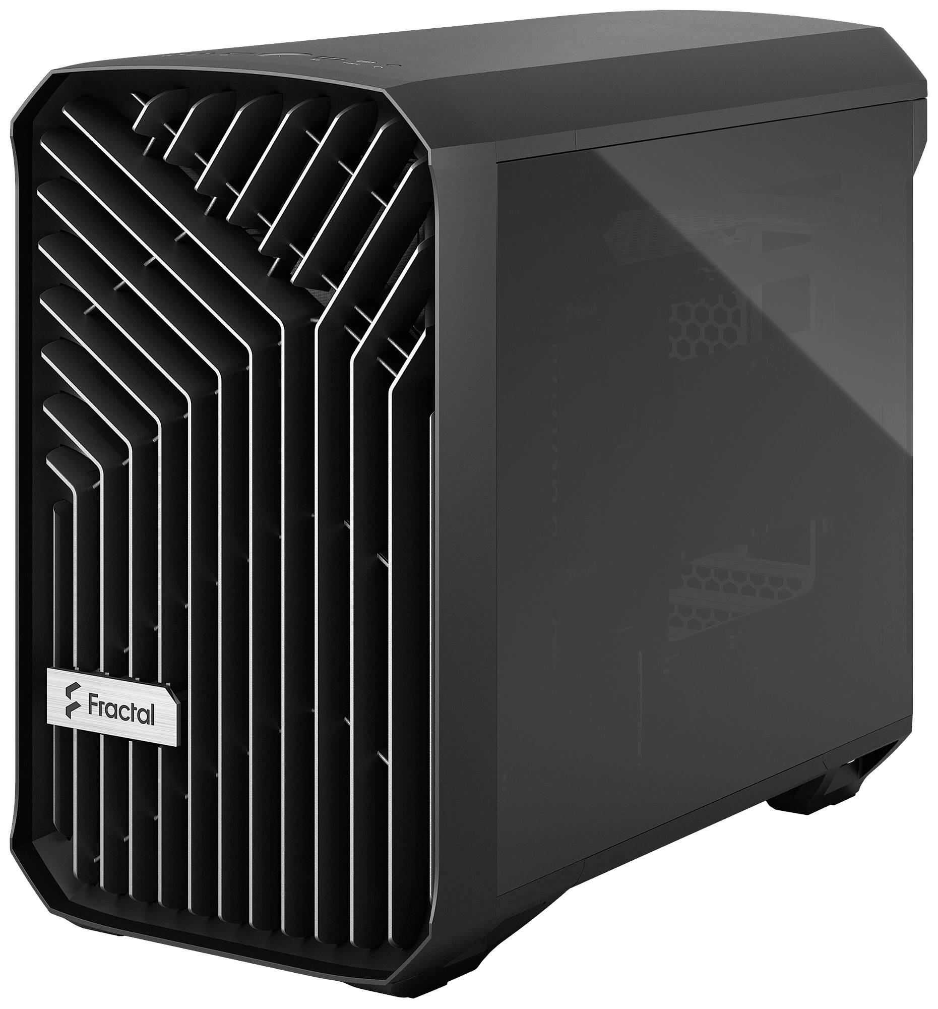 Zwart computerbehuizing met een modern, strak rasterontwerp aan de voorkant, van fabrikant 'Fractal'.