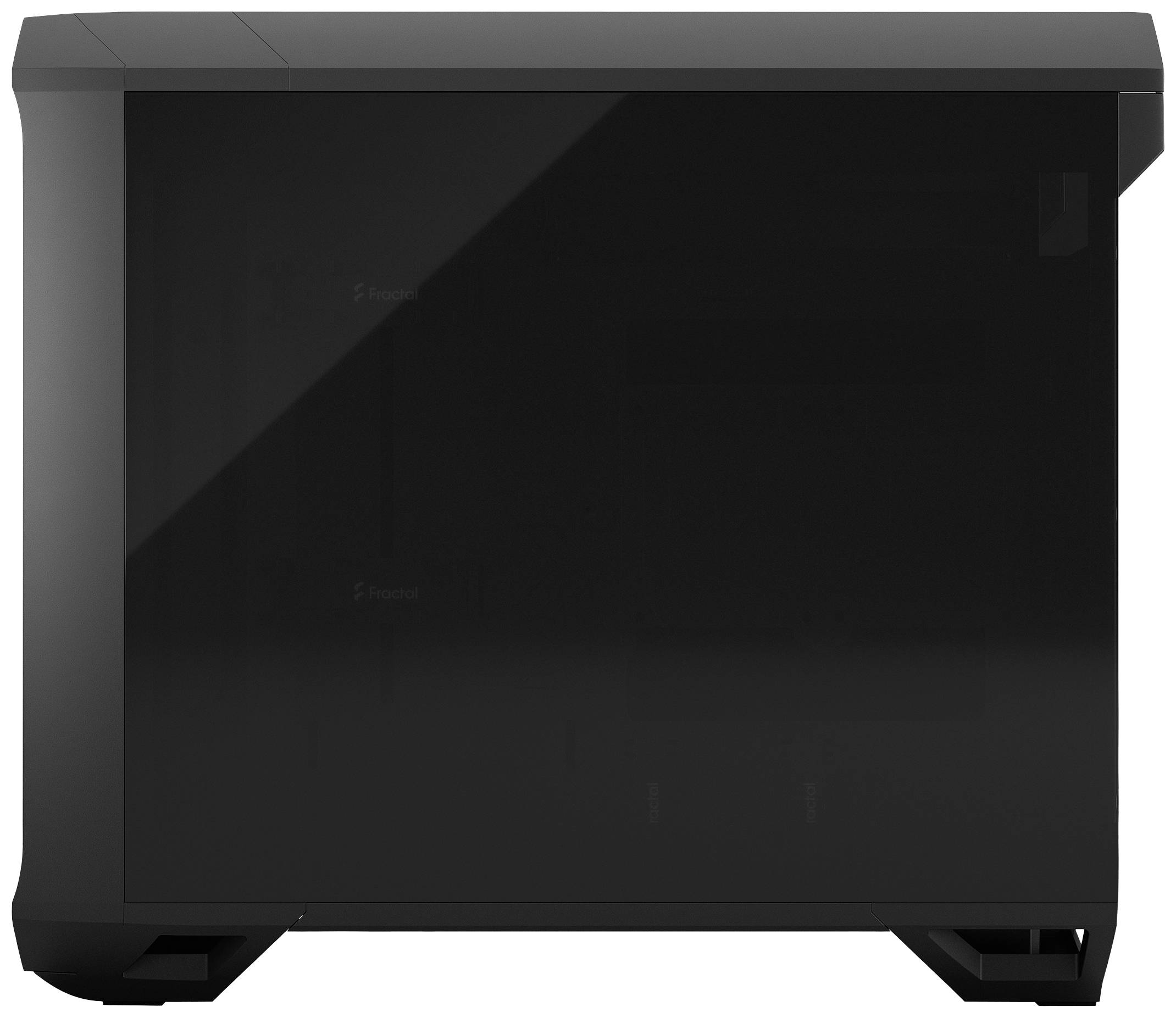 Een zwarte computerbehuizing met een gesloten zijpaneel. Modern design zonder zichtbare merkaanduiding of details.
