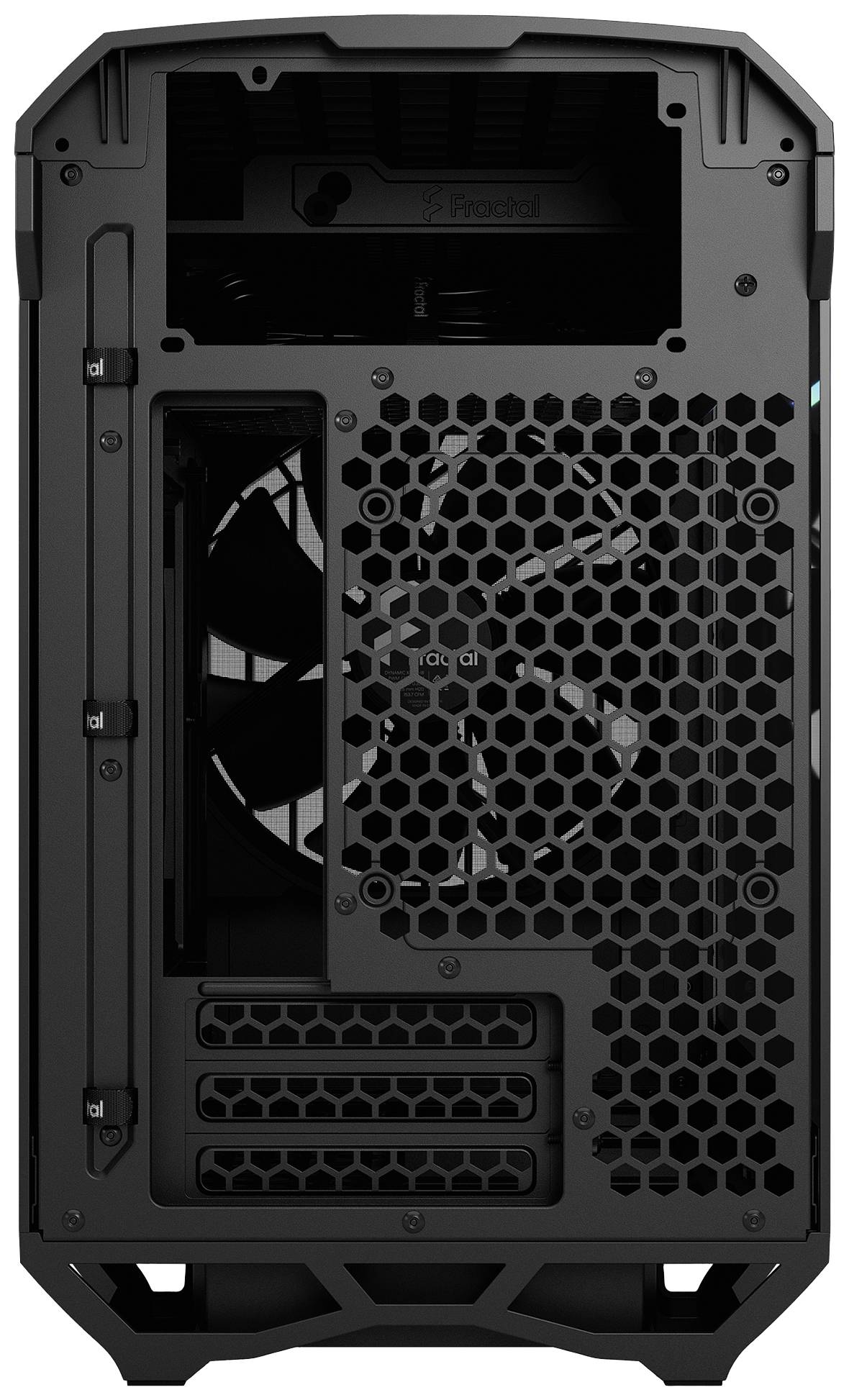 Zwart computerbehuizing van achteren. Verluchtingsroosters, aansluitingen en ventilatoren zijn zichtbaar.
