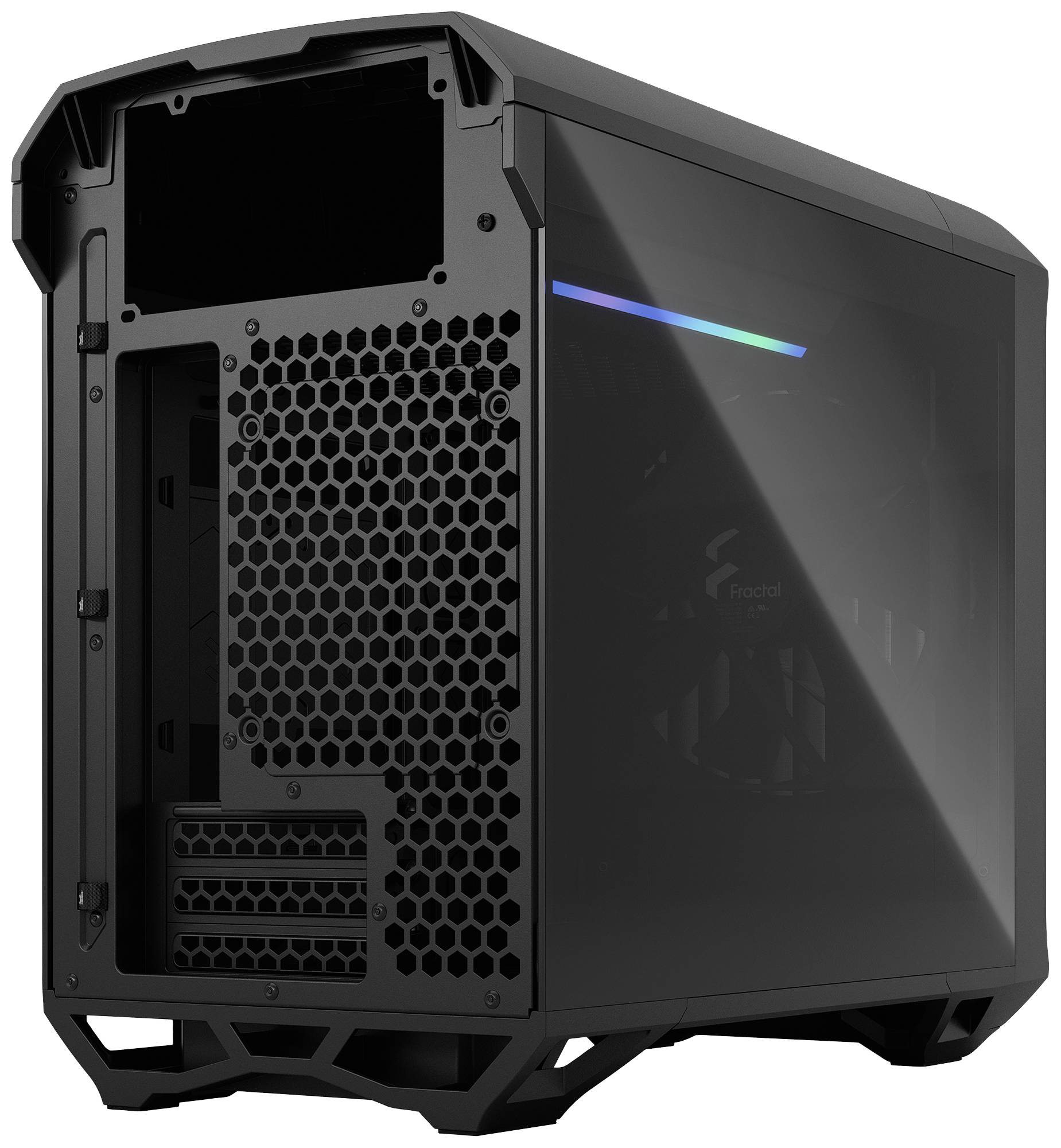 Een zwarte computerbehuizing met een zijdelings glazen paneel en LED-strip. De achterkant toont ventilatierooster en uitbreidingssleuven.