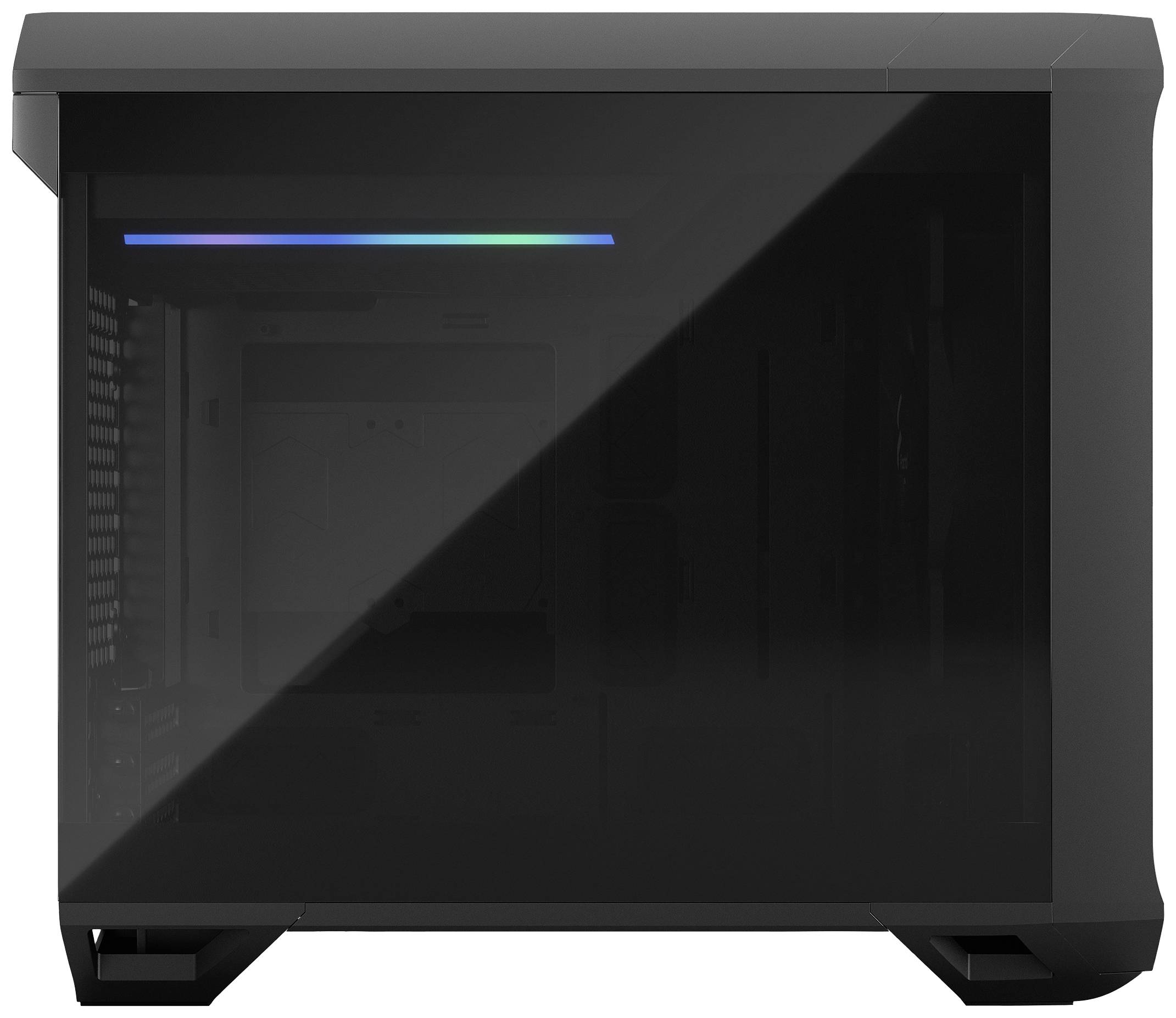 Een zwarte computerbehuizing met een transparant zijpaneel toont aan de binnenkant een kleurrijke LED-strip in horizontale uitlijning.
