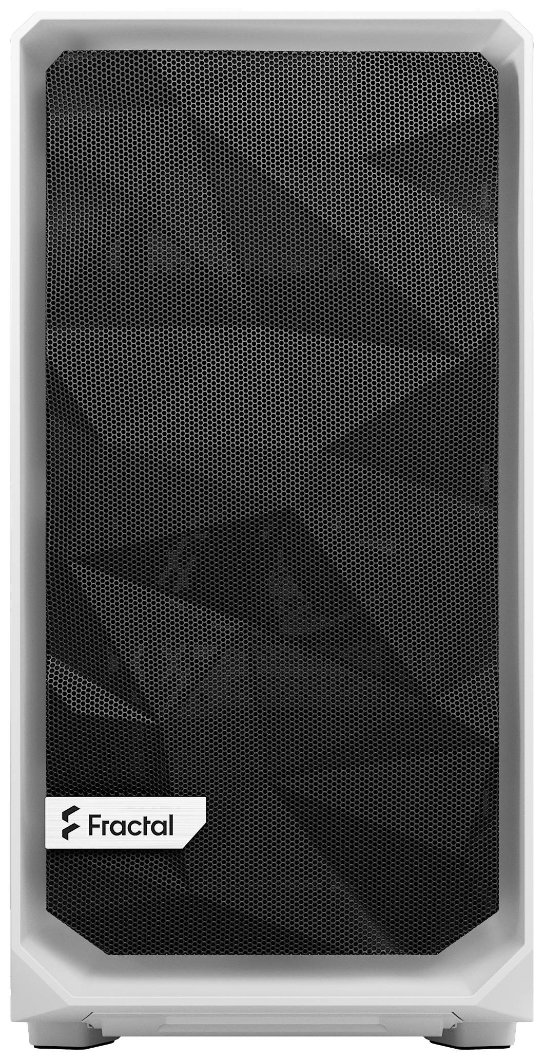 Een wit computerbehuizing met een zwarte mesh-voorpaneel. Links onderaan bevindt zich het 'Fractal'-logo. Biedt stabiliteit en ventilatie.