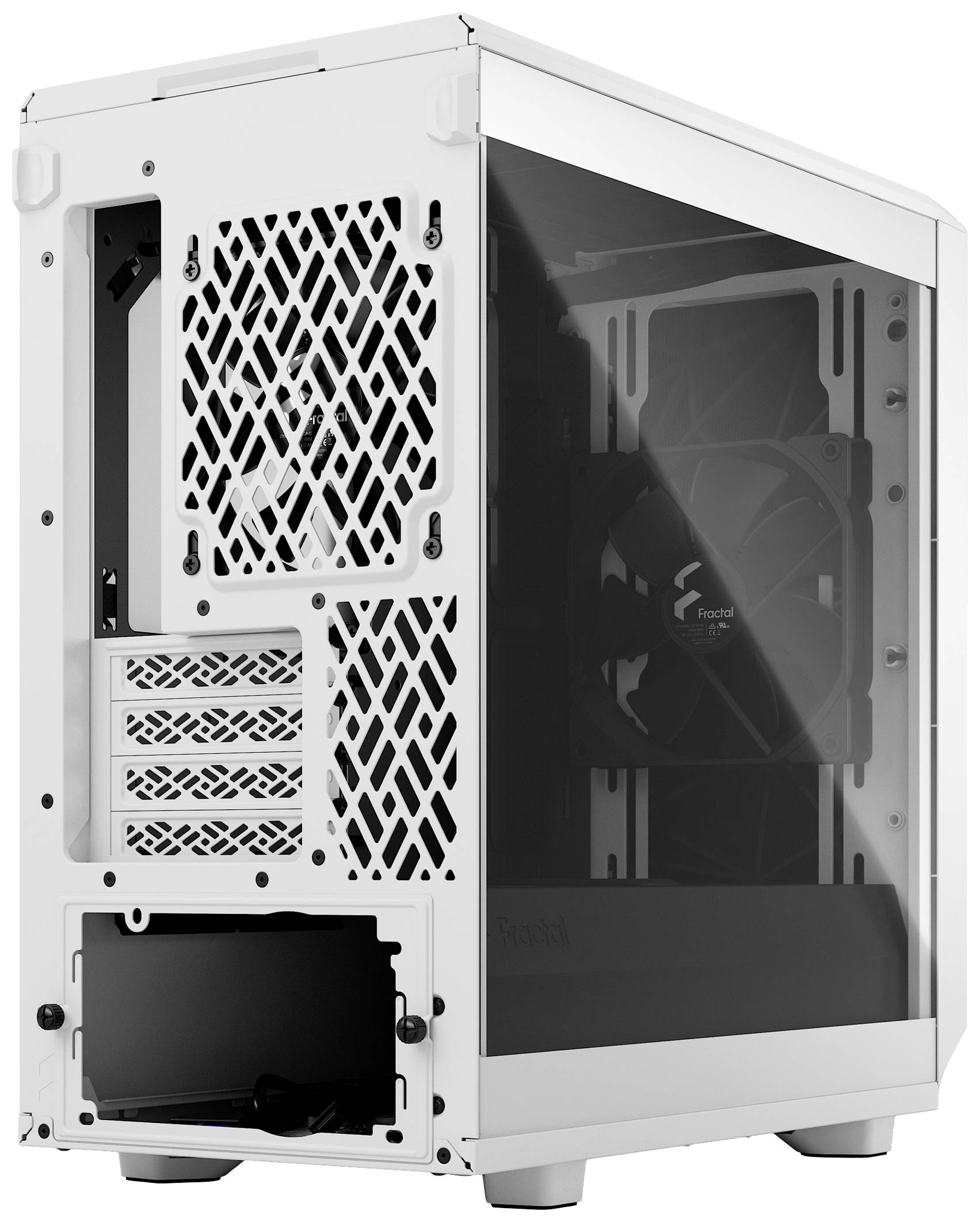 Wit computerbehuizing met een zijraam van glas, ventilatoren en meerdere uitbreidingssleuven zichtbaar. Geen ingebouwde accessoires.