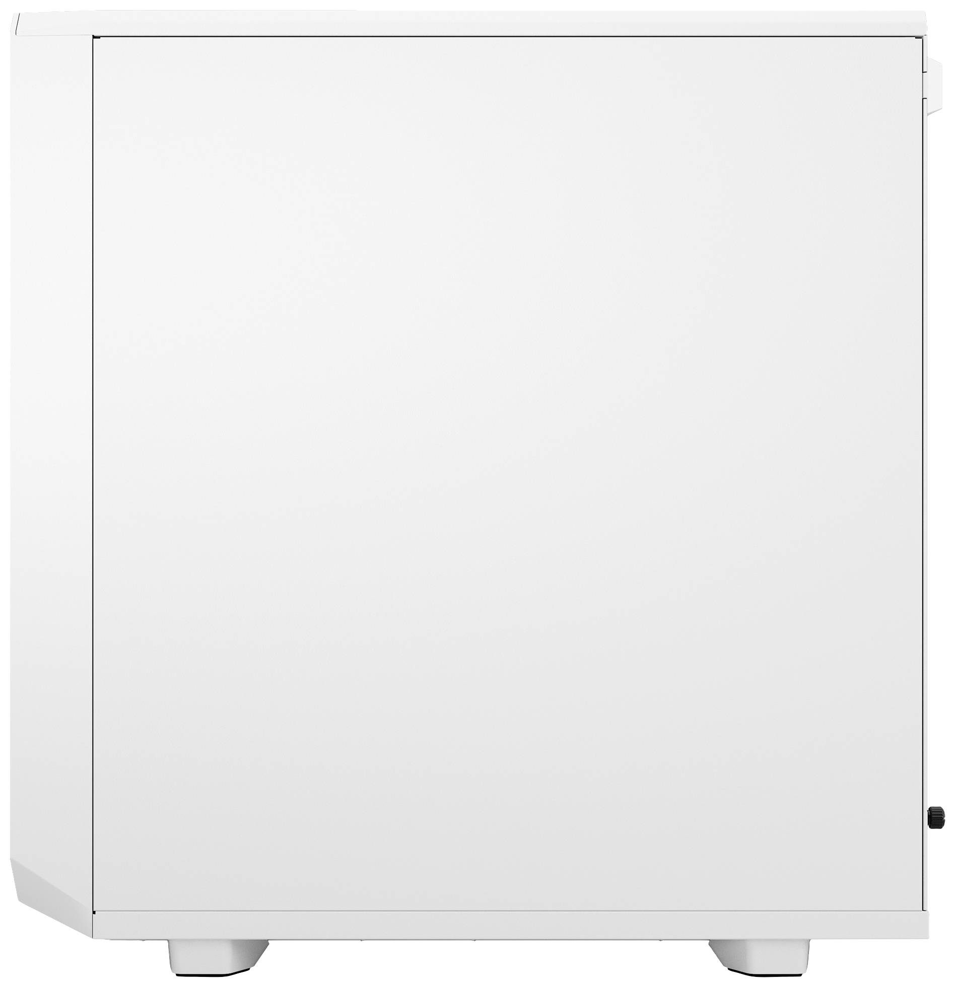 Witte, rechthoekige koelkast gezien van opzij, met een gladde oppervlakte en minimalistisch design.