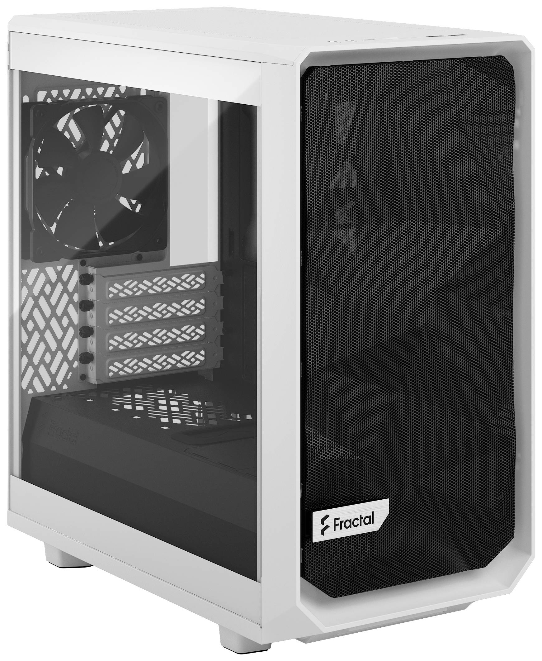 Een wit computerbehuizing met een glazen zijpaneel en een mesh-voorpaneel, waarbij een ventilator binnenin zichtbaar is.