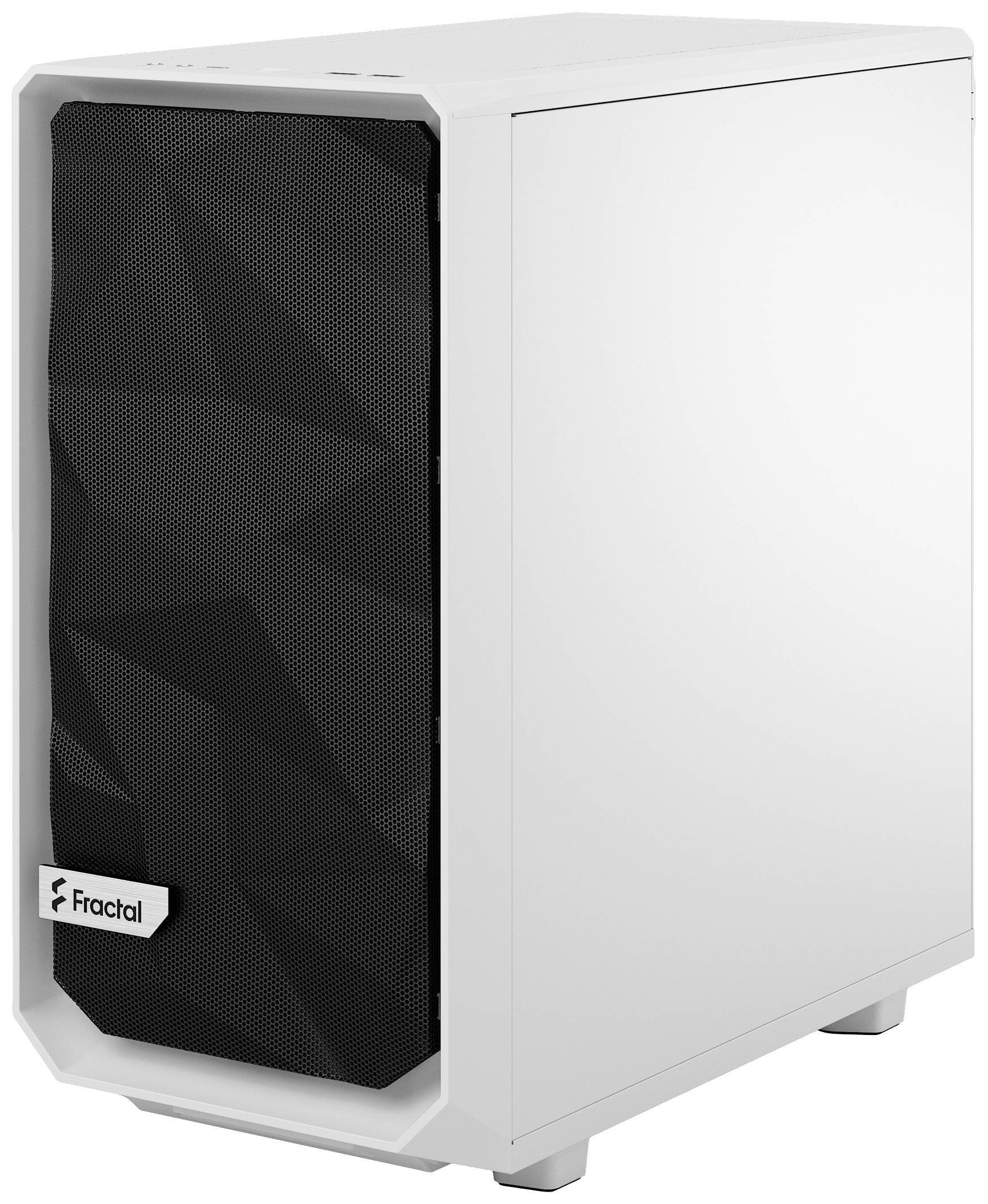Een wit computerbehuizing met een zwart, geometrisch frontpaneel van Fractal. Geschikt voor pc-assemblage met goede ventilatie.