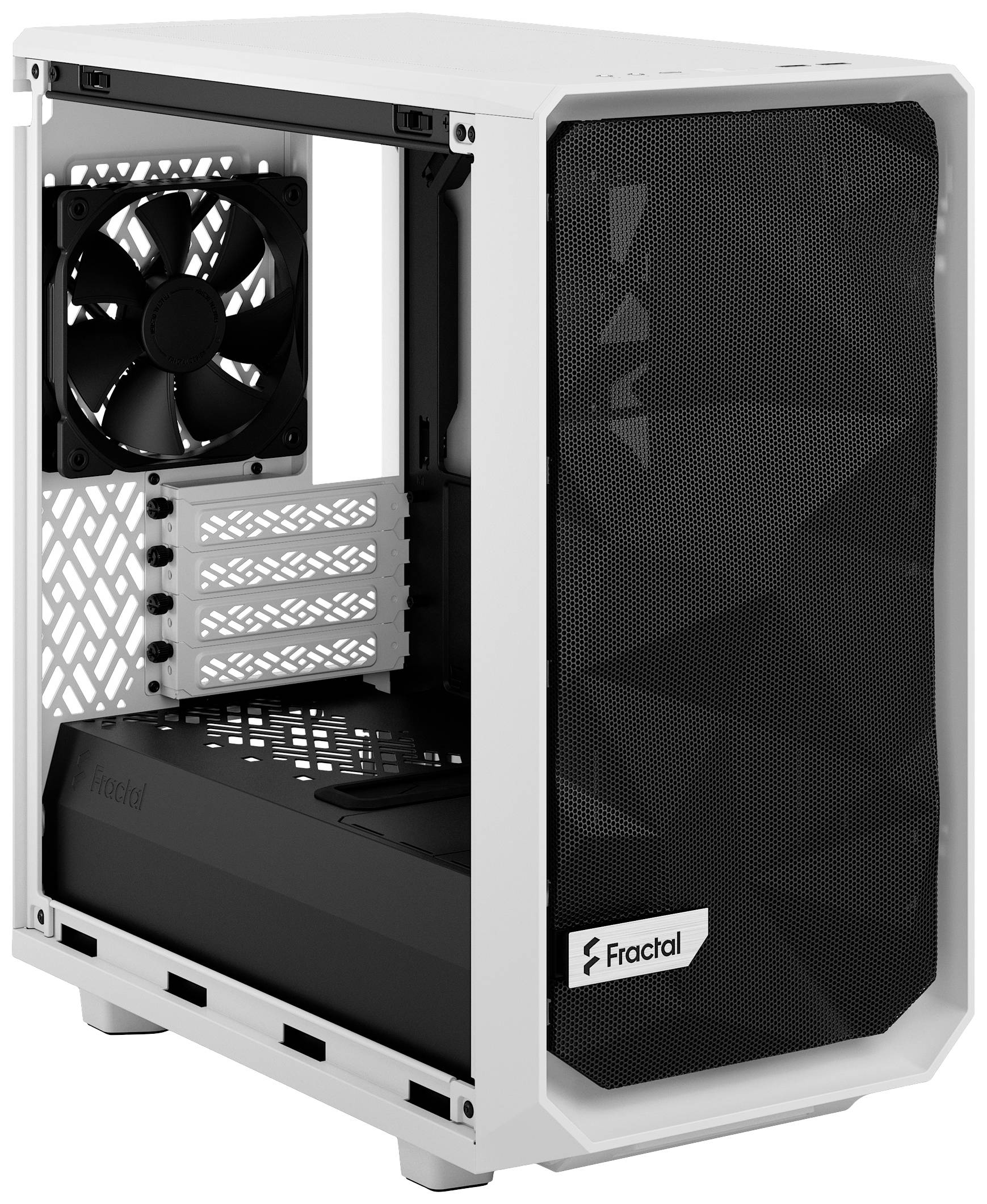 Een wit computerbehuizing met een ventilator aan de achterwand, vrije ruimte voor componenten en een rooster aan de voorkant.
