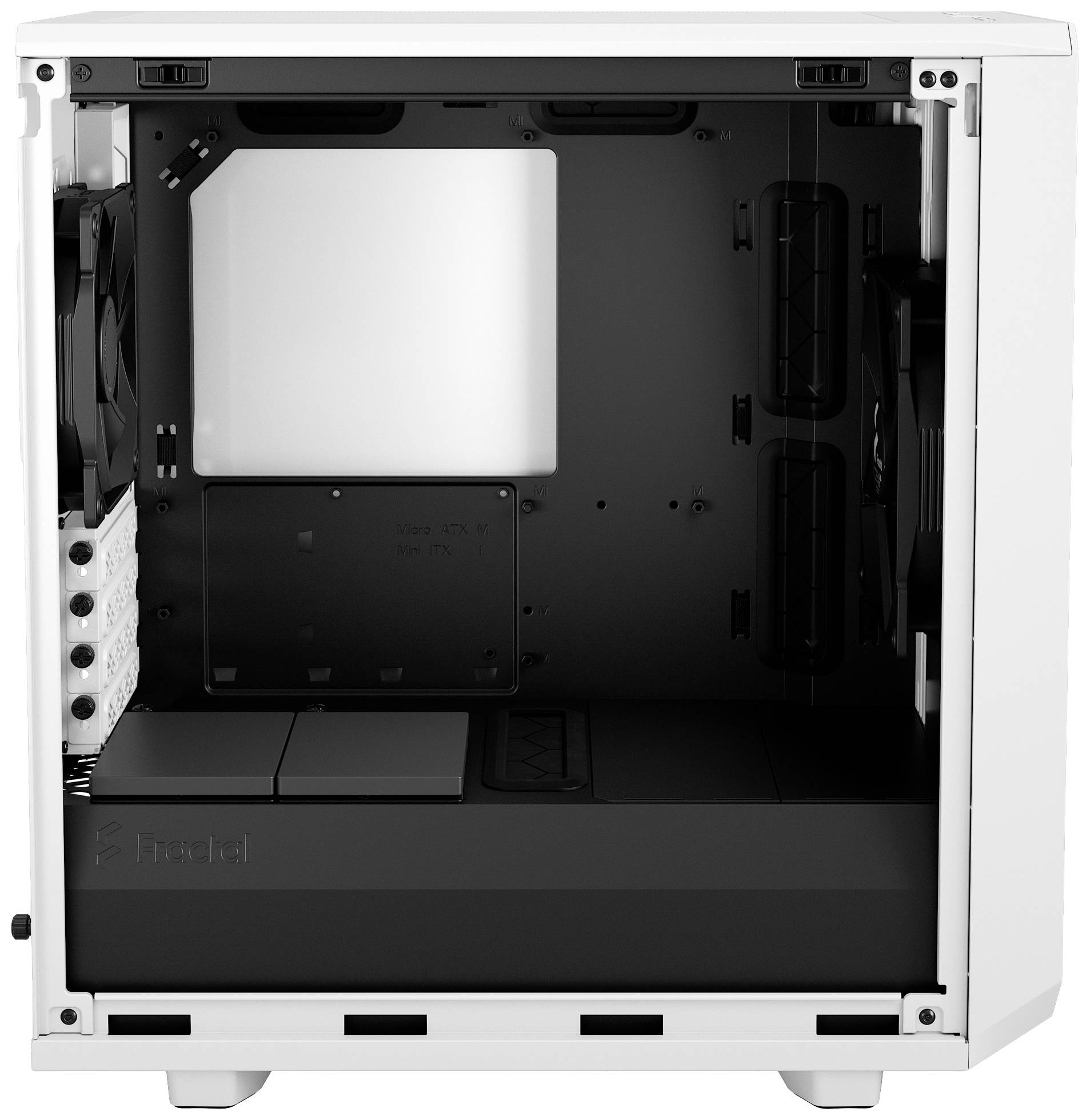 Open wit computerbehuizing met zichtbare binnenkant en meerdere ventilatorposities. Ideaal voor het installeren van pc-componenten.