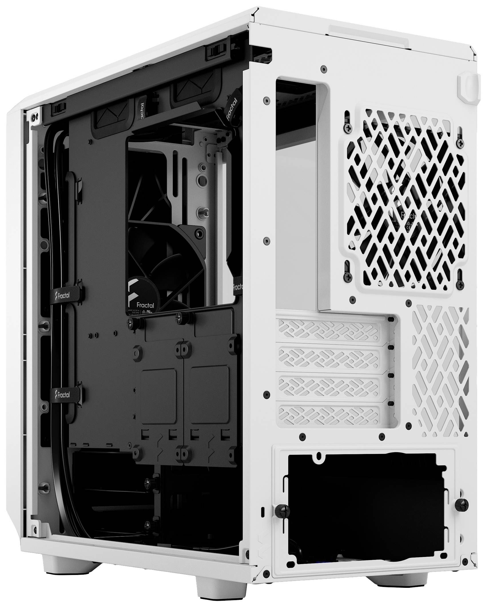 Wit computerbehuizing, gedeeltelijk open, zonder hardware. Ventilatieopeningen en kabelgeleiders zijn zichtbaar.