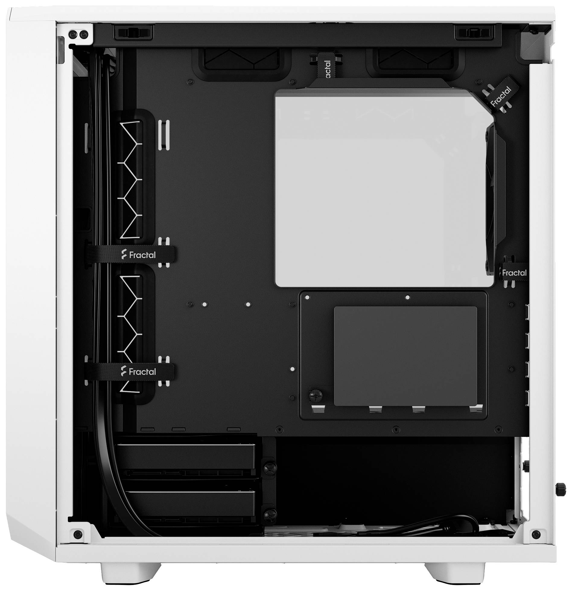 Computerbehuizing in zijaanzicht met open binnenkant, toont kabelbeheer en schijfposities zonder geplaatste componenten.
