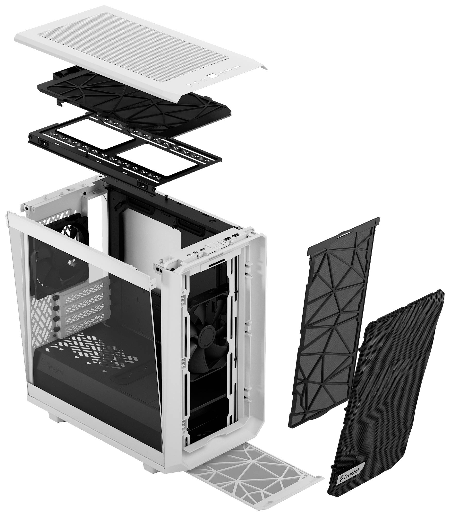 Gedemonteerde weergave van een computerbehuizing met open binnenkant, verwijderbare zijwanden en onderdelen zoals ventilators en stoffilters.