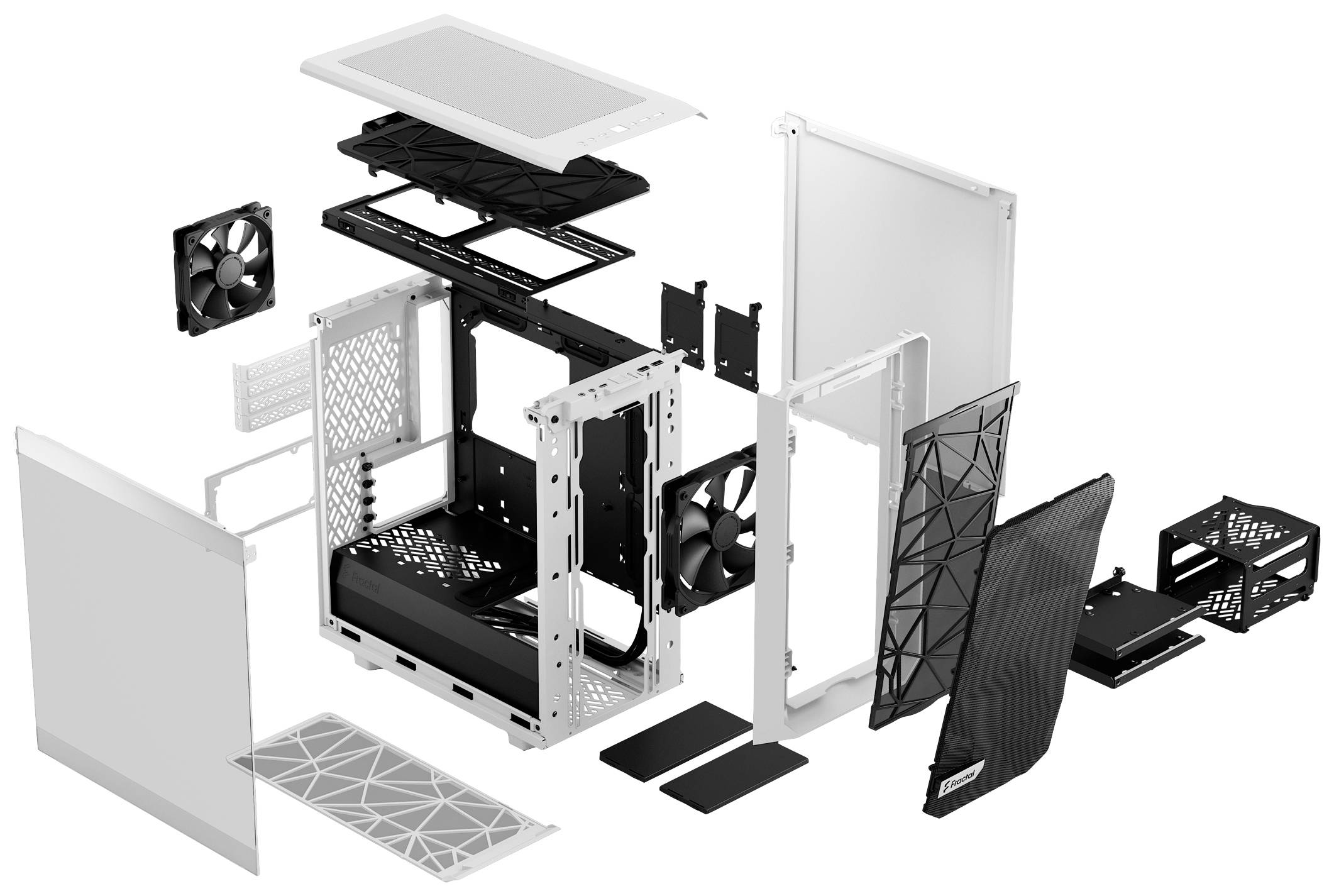 Ontploffingstekening van een computerbehuizing met verschillende componenten zoals ventilatoren, frame en panelen in uit elkaar gehaalde toestand.