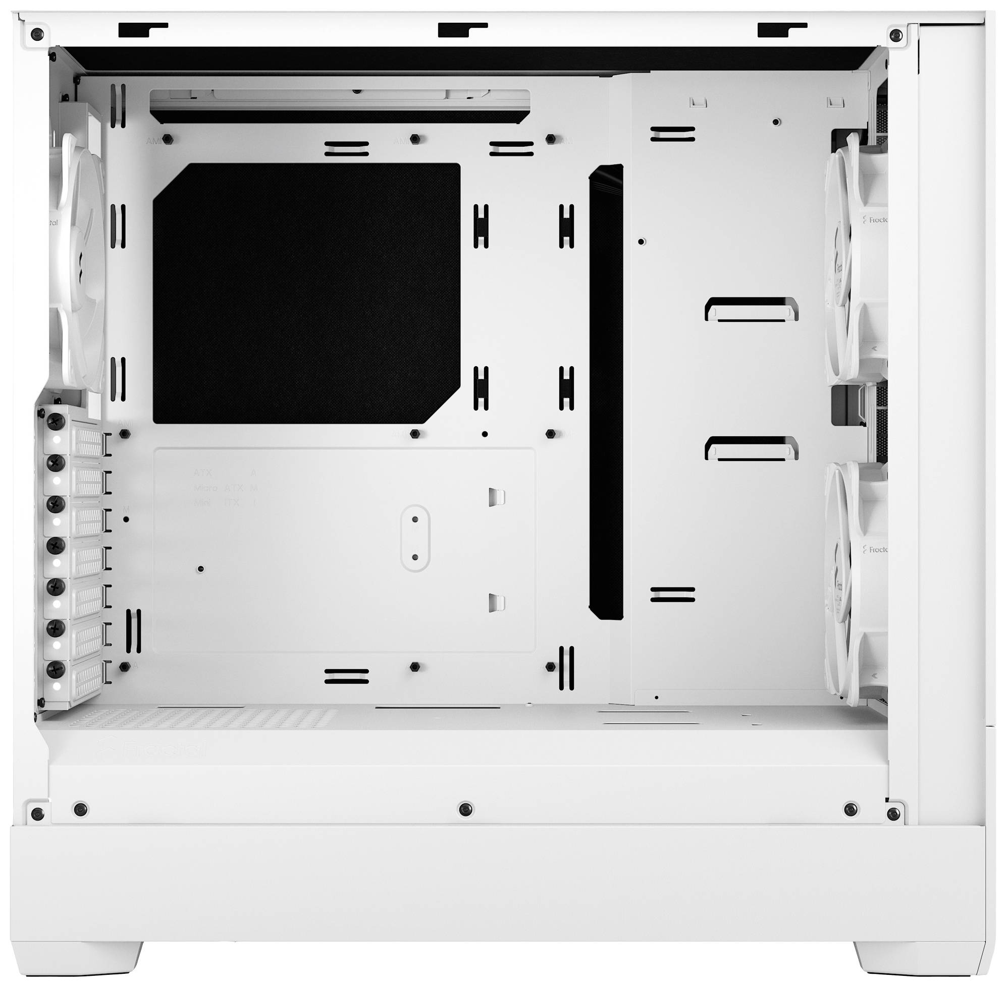 Leeg pc-behuizing, wit, met open zijpaneel. Ruimte voor moederbord, ventilatoren en stations zichtbaar.