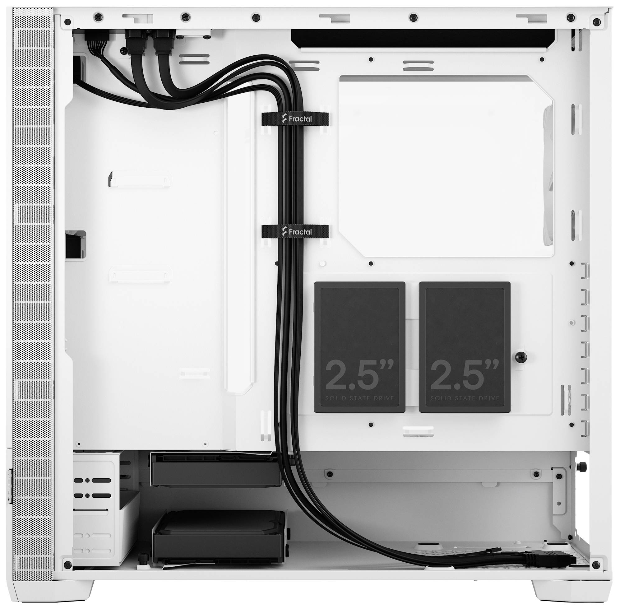 Een geopend wit computerbehuizingsframe met zichtbare kabels en twee gemonteerde 2,5"-harde schijven, zonder verdere componenten.