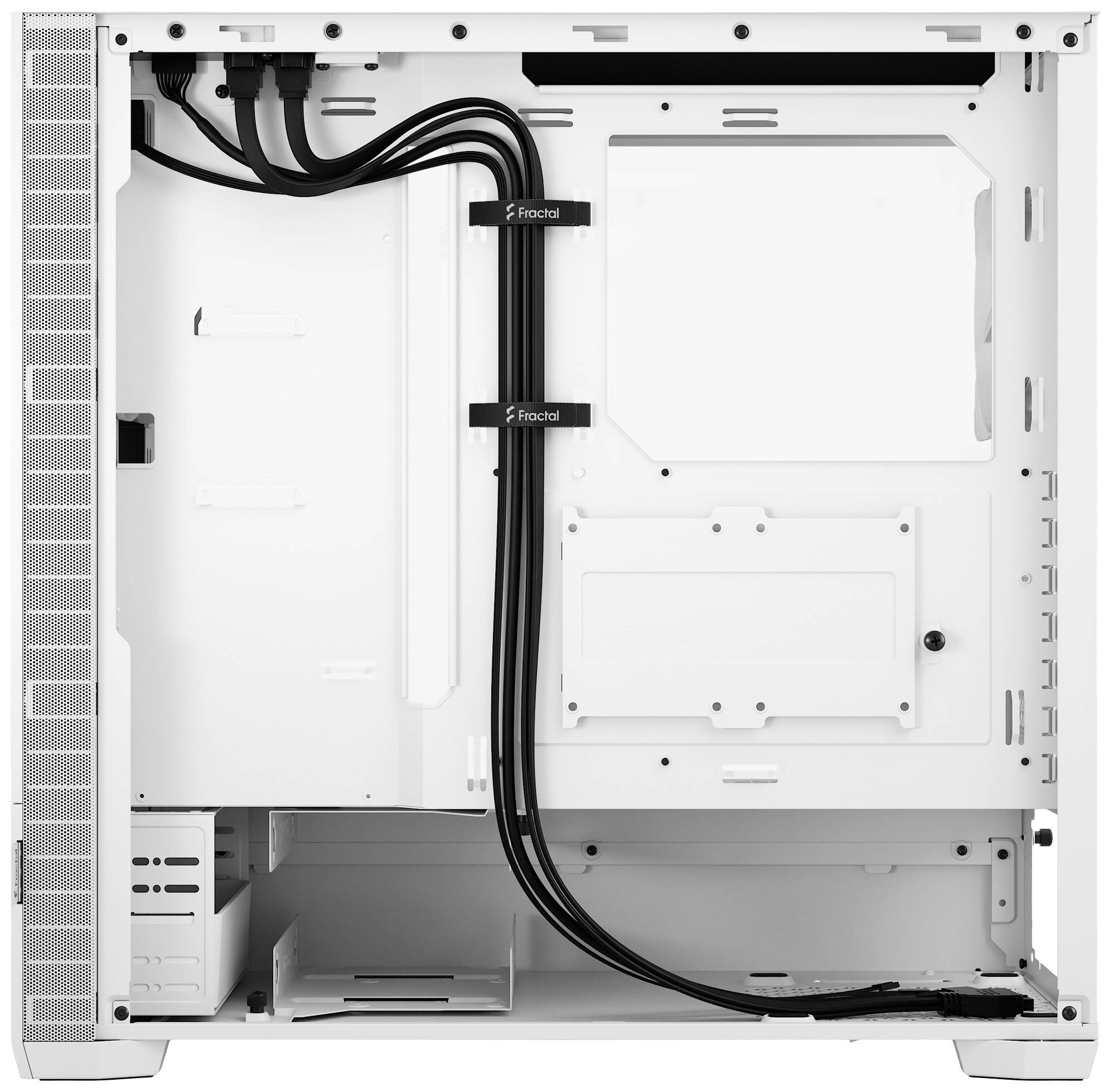 Binnenaanzicht van een wit computerbehuizing zonder componenten. Toont kabelbeheer en ruimte voor moederbord, drives en voeding.
