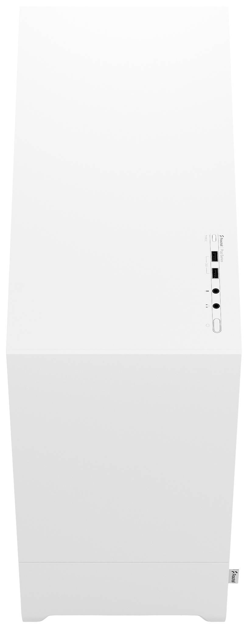 Witte computer-tower, strak design met zijdelingse aansluitingen, geschikt voor pc-assemblage.