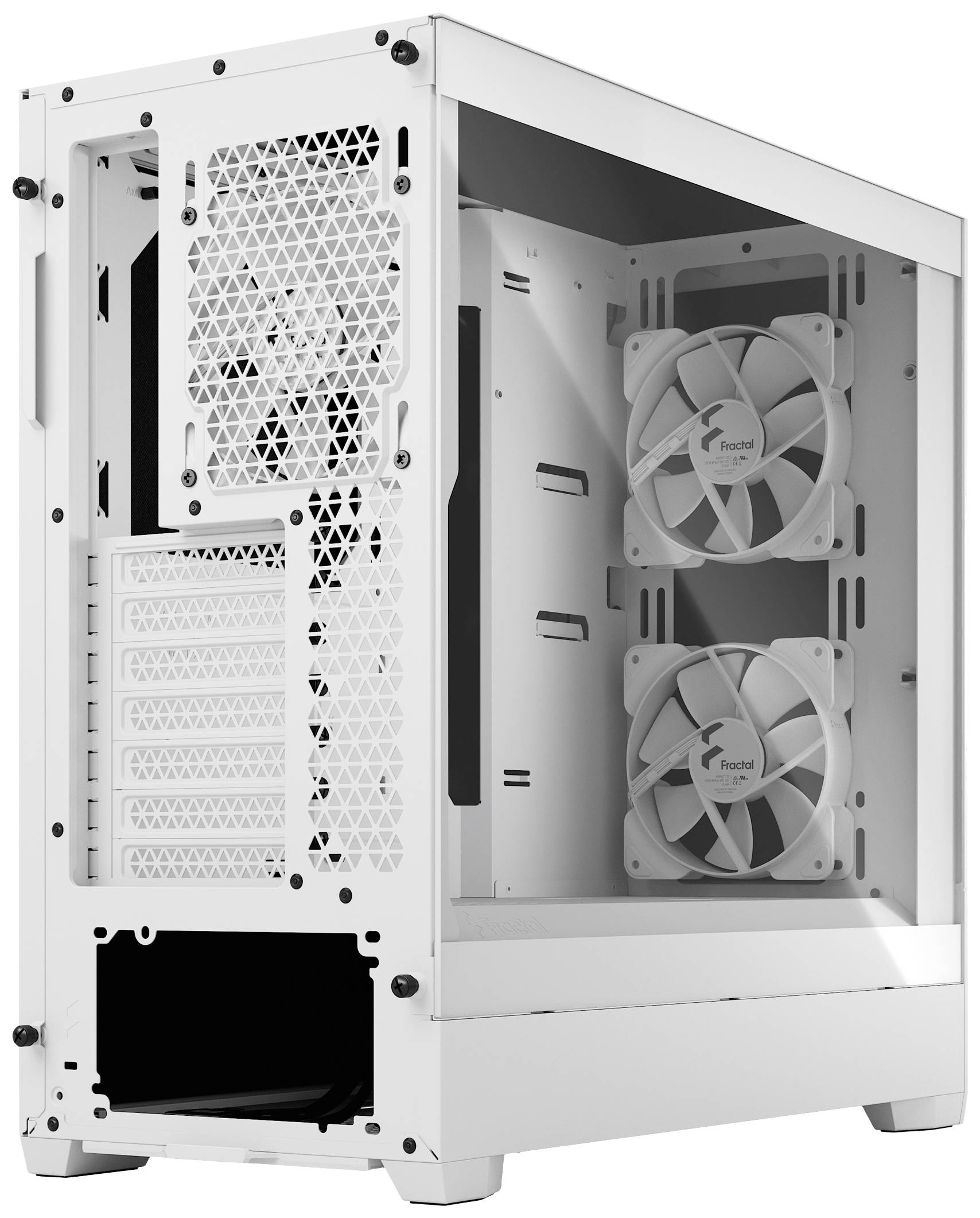 Witte computerbehuizing gezien van achteren en opzij met open binnenkant. Twee ventilatoren gemonteerd aan de achterwand.