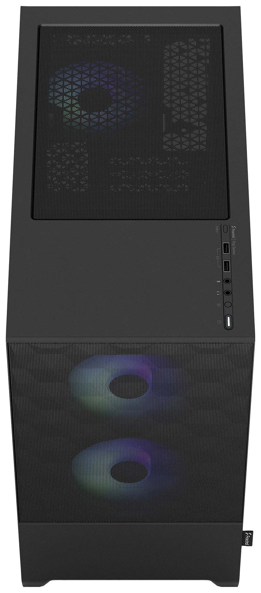 Zwart pc-behuizing met zicht op de voorkant; twee verlichte ventilatoren die in verschillende kleuren oplichten.