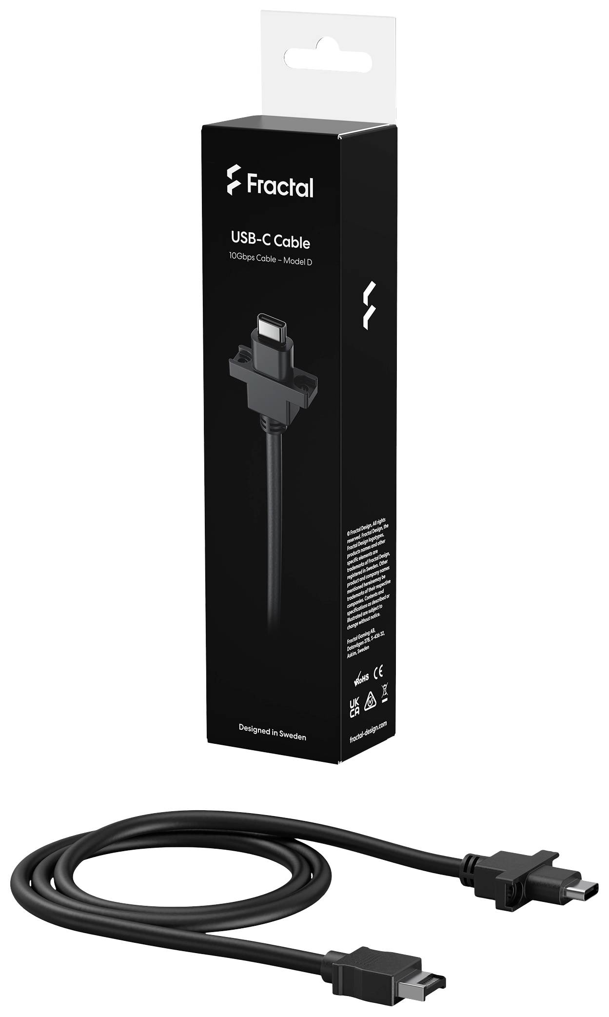 De afbeelding toont een Fractal USB-C kabelverpakking naast een USB-C kabel. De verpakking heeft een minimalistisch ontwerp.