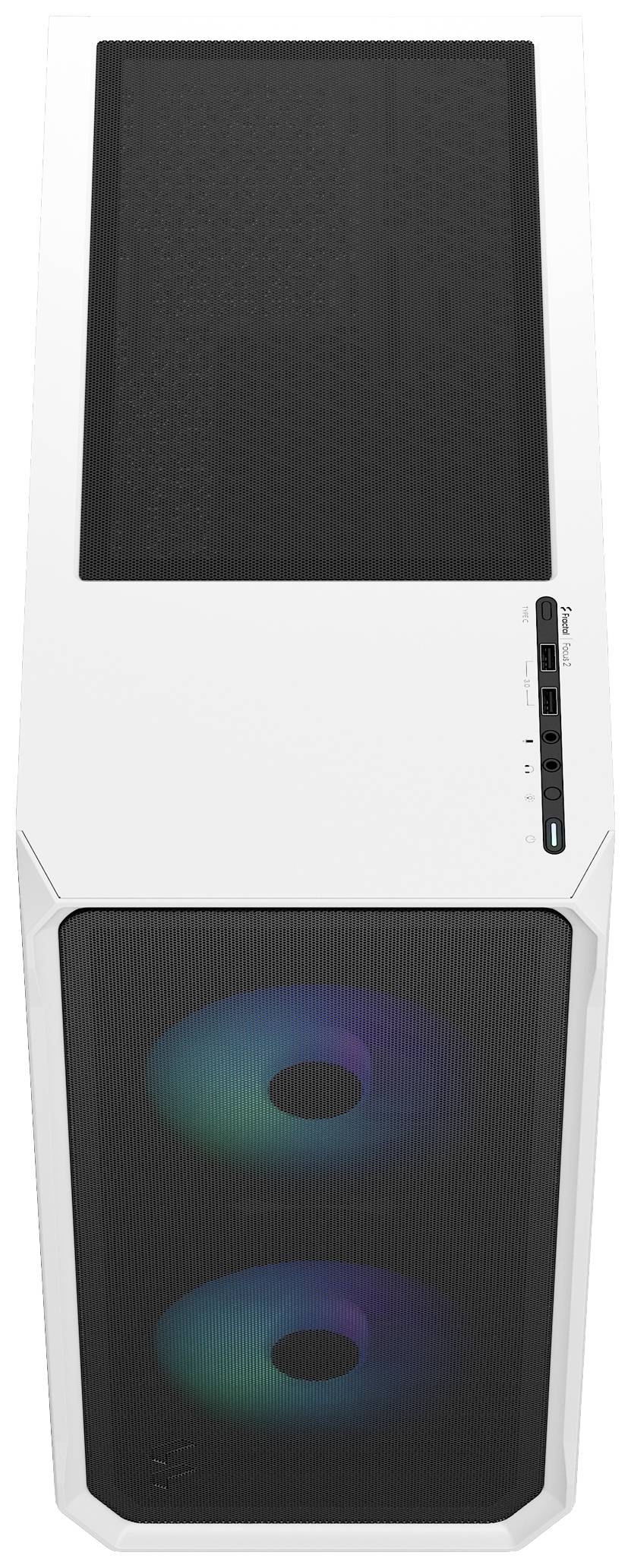 Een wit computerbehuizing met twee grote, oplichtende ventilatoren aan de voorkant, die in verschillende kleuren worden verlicht.
