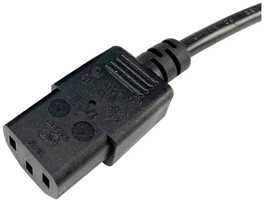 'Zwart netwerkkabel met driepolige stekker, type C13, geschikt voor computers en elektronische apparaten. Stekkerbehuizing toont veiligheidscertificeringen.'