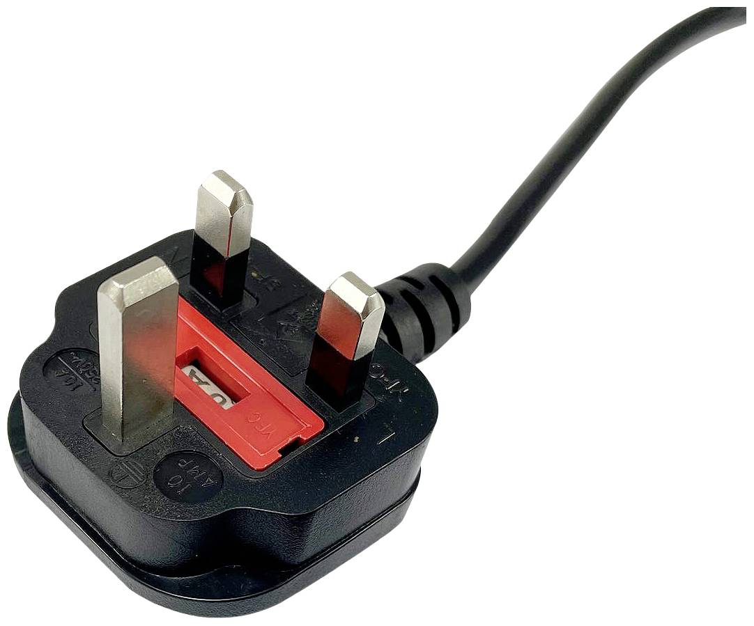 Een driepinige stekker met een zwart kabel, typisch gebruikt in het Verenigd Koninkrijk, toont aarding- en netstekkers.