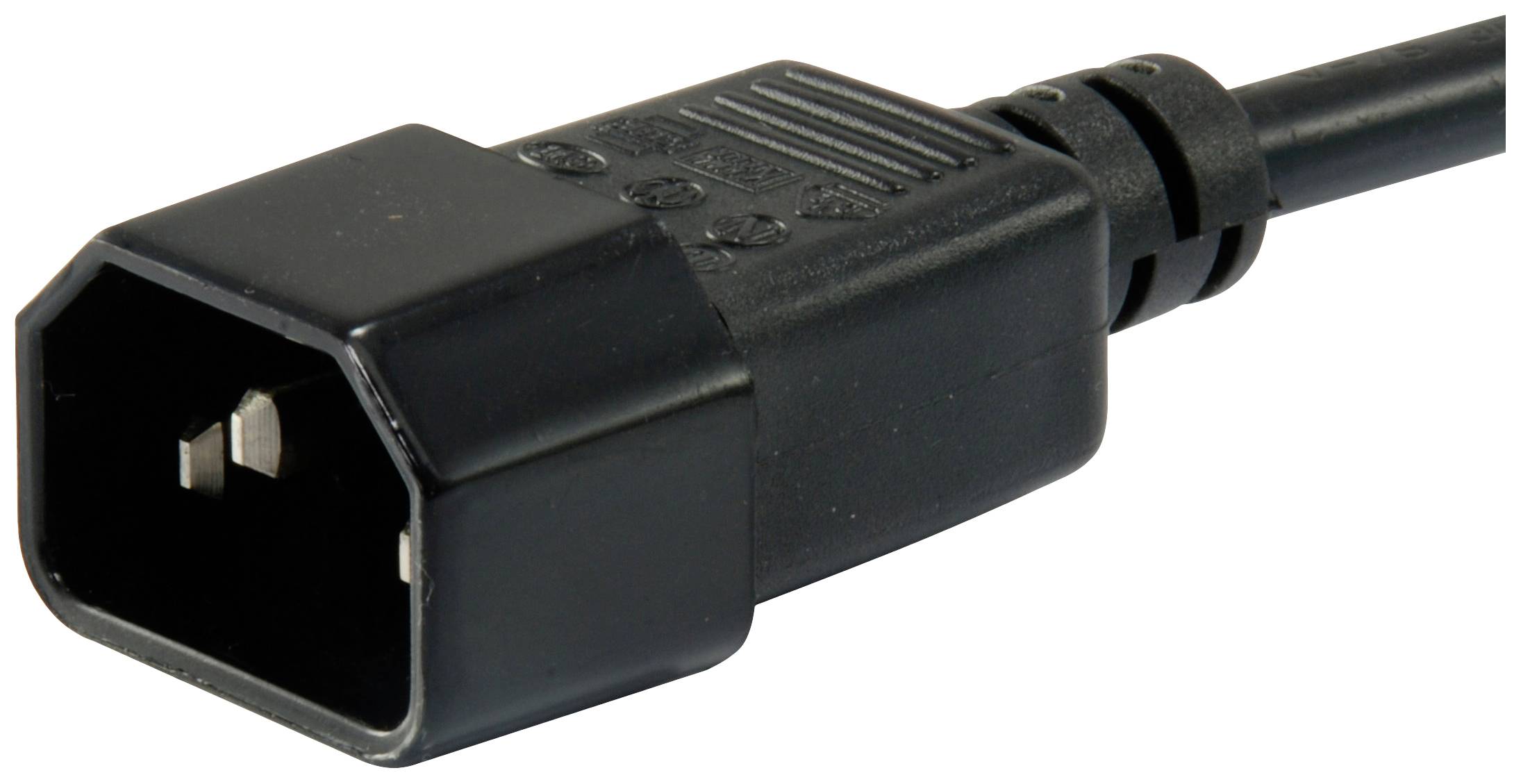Een zwarte IEC-netstekker met rechthoekige vorm en drie pinnen. Deze stekker wordt vaak gebruikt voor computers en elektronische apparaten.