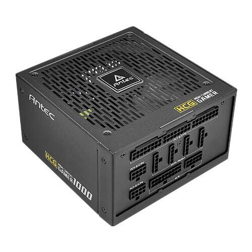 Zwart Antec HCG1000 voedingsapparaat met meerdere aansluitingen, geschikt voor gebruik in gaming-pc's.
