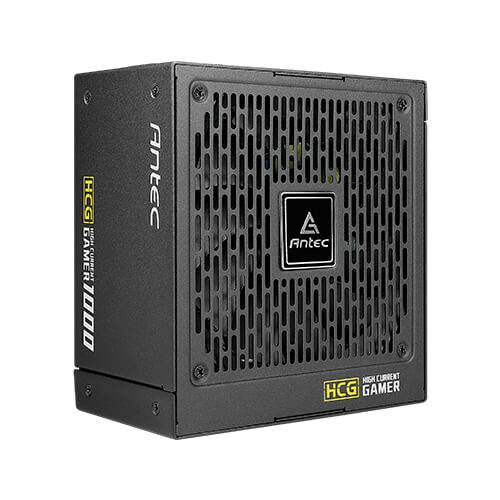 Voeding met rasterontwerp en Antec-logo in het midden. Model 'HCG High Current Gamer 1000W'.