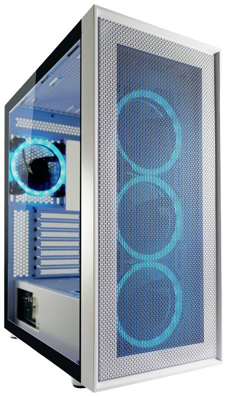 Een modern computerbehuizing met een transparant zijpaneel dat blauwe LED-verlichte ventilatoren toont. Geschikt voor high-performance pc's.