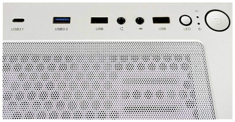 Aansluitingen aan de voorkant van een wit computerbehuizing: USB 3.1, USB 3.0, USB, koptelefoonaansluiting, microfoon, USB, LED en aan/uit-knop.