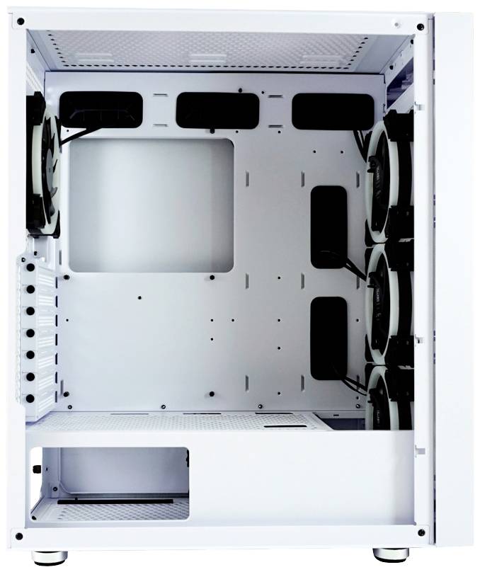 Wit PC-behuizing zonder componenten, met meerdere ventilatoren aan de binnenzijde van de zijwanden; geschikt voor het assembleren van een computer.