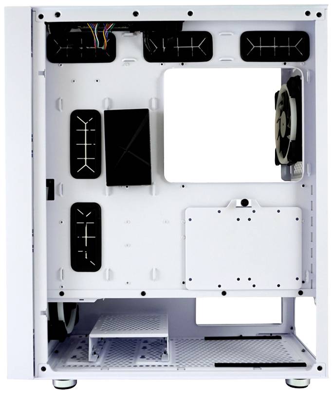 Leeg wit computerbehuizing met een open zijpaneel, toont binnenruimte met ventilator en kabelopeningen. Geschikt voor PC-assemblage.