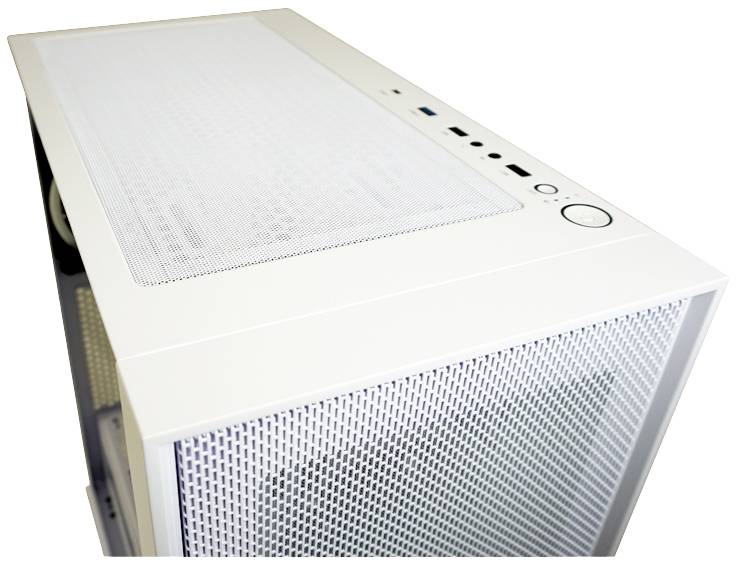 Wit computerbehuizing met zijdelingse netstructuur en bovenaan aansluitingen, waaronder USB-poorten en een grote netschakelaar.