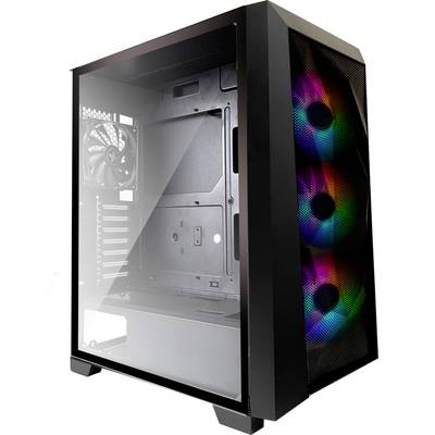 Zwart pc-behuizing met transparant glazen venster, toont binnenkant met RGB-ventilatoren aan de voorzijde, zonder gemonteerde componenten.